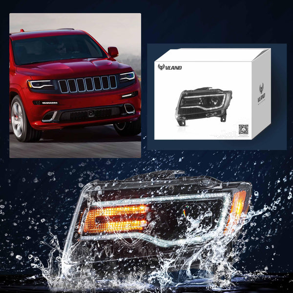 VLAND Headlights Compatible with Jeep Grand Cherokee 2014-2022, Front Light with Sequential Turn Signal and Blue Dynamic Startup DRL