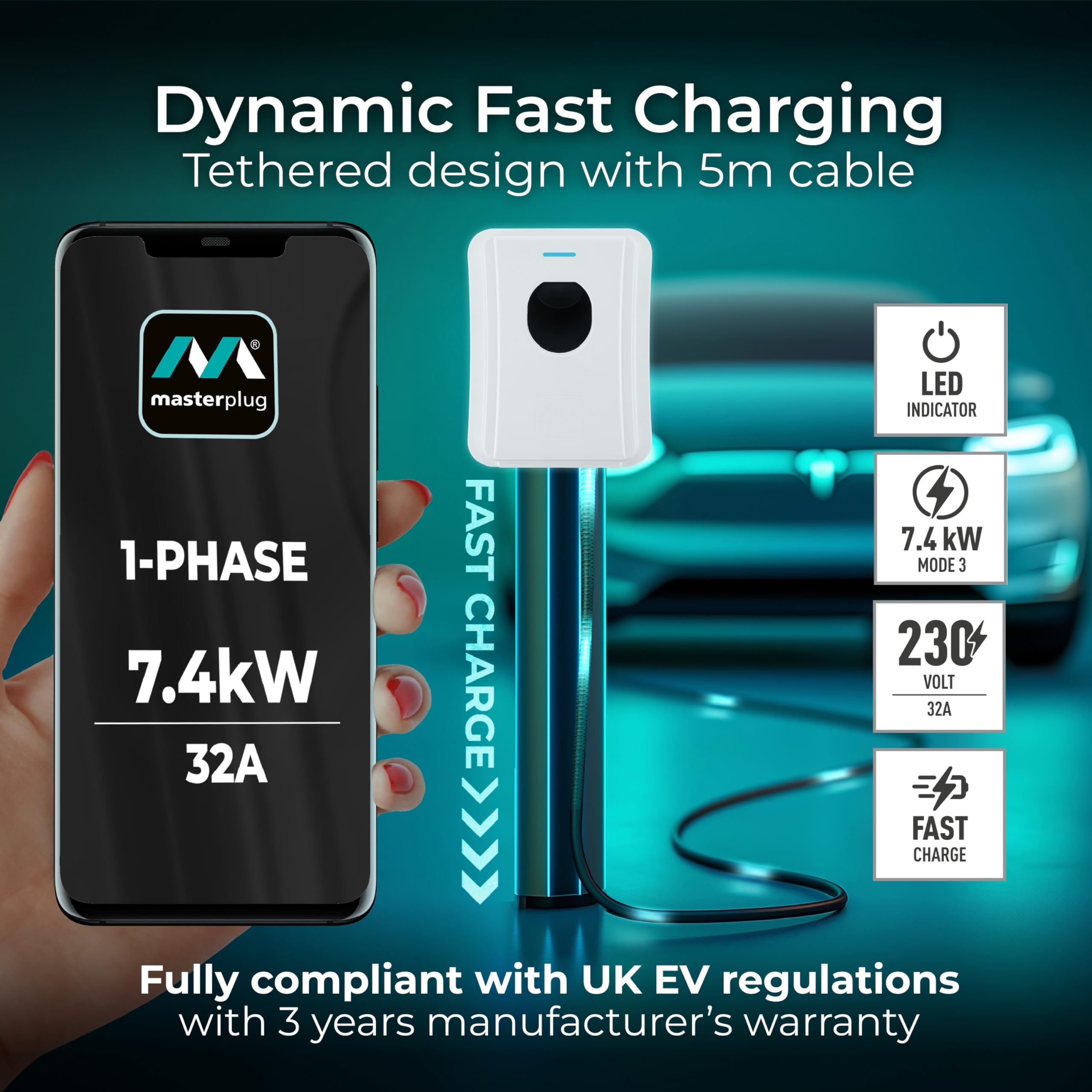 Masterplug Smart EV Home Wall Charger for Type 2 Electric and Plug-In Hybrid Vehicles, Tethered with 5m Cable, Mode 3, App Control, Solar Charging, Single Phase, Black, IP55, 7.4kW, 32A, EVCM3ST7B-MP