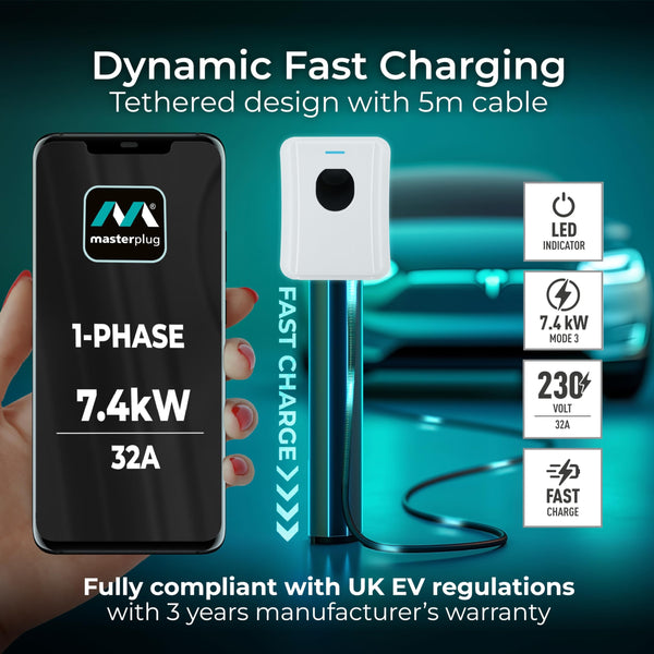 Masterplug Smart EV Home Wall Charger for Type 2 Electric and Plug-In Hybrid Vehicles, Tethered with 5m Cable, Mode 3, App Control, Solar Charging, Single Phase, Black, IP55, 7.4kW, 32A, EVCM3ST7B-MP
