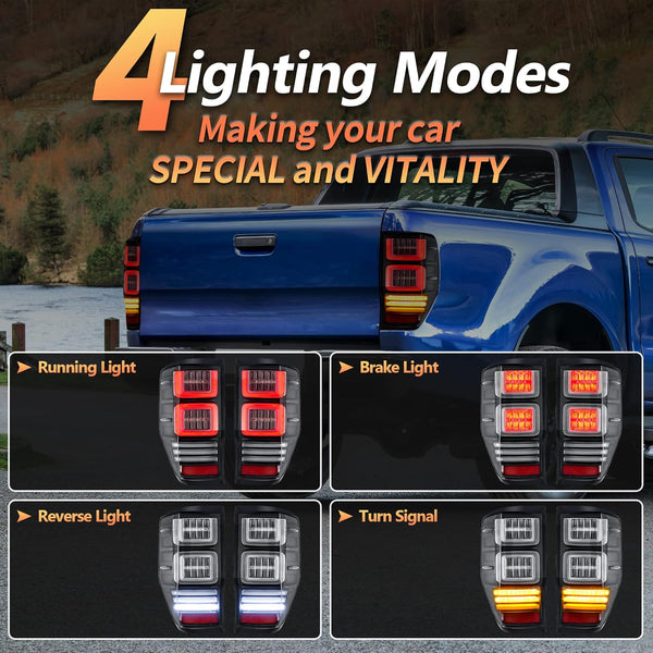 VLAND LED Tail Lights for Ranger T6 T7 T8 XL XLT Wildtrak 2012-2018 Rear Lights Lamp Assembly with Sequential Indicator (12-18 Somked)