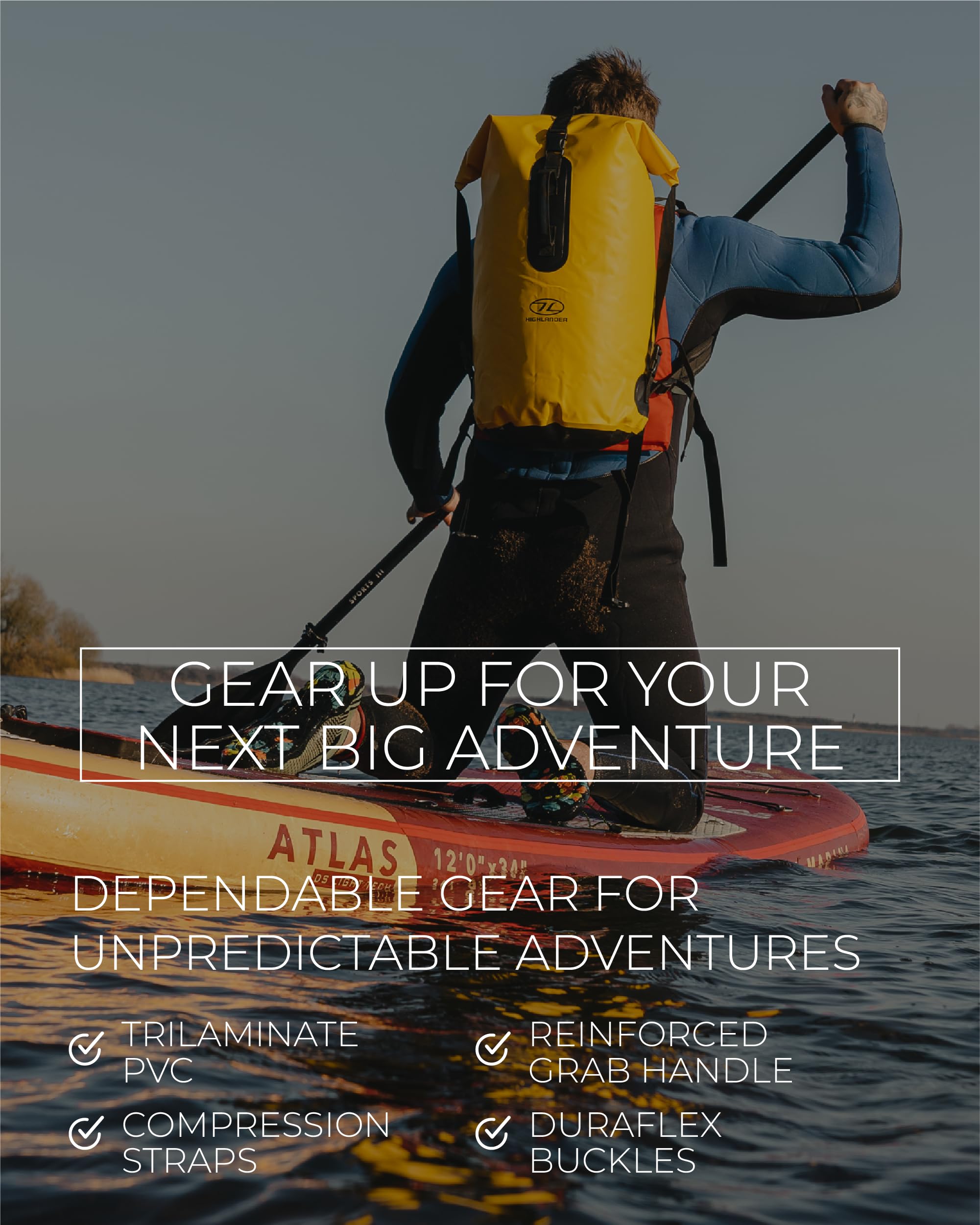 Highlander Waterproof Dry Bag 70L - Duffle Roll Top Backpack - Removable Backpack Adjustable Style Straps - Ideal for Canoeing, Fishing, Rafting,