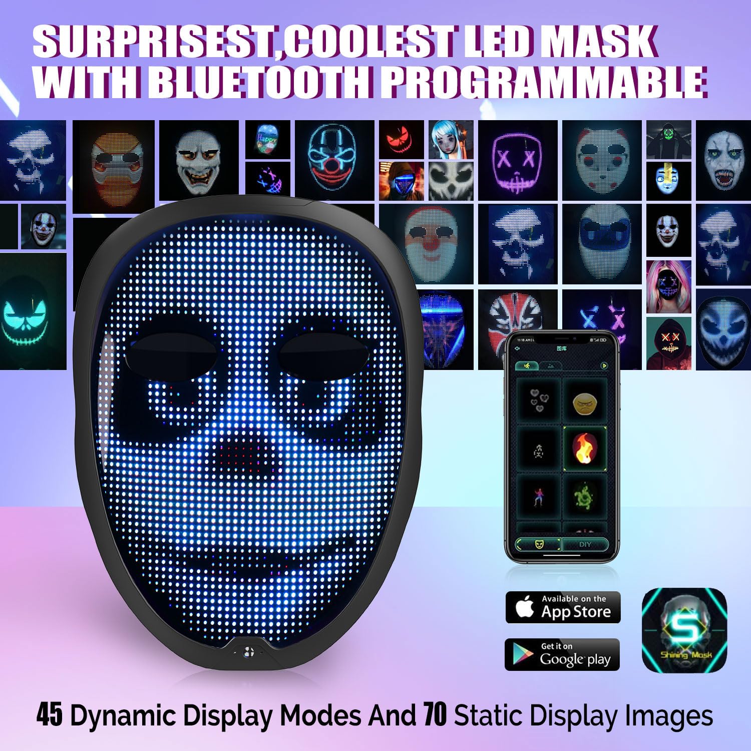 megoo LED Mask with Bluetooth Design Customized Programmable by APP,Halloween LED Luminous Mask for Costume Halloween DJ Masquerade Rave Cosplay Birthday Party