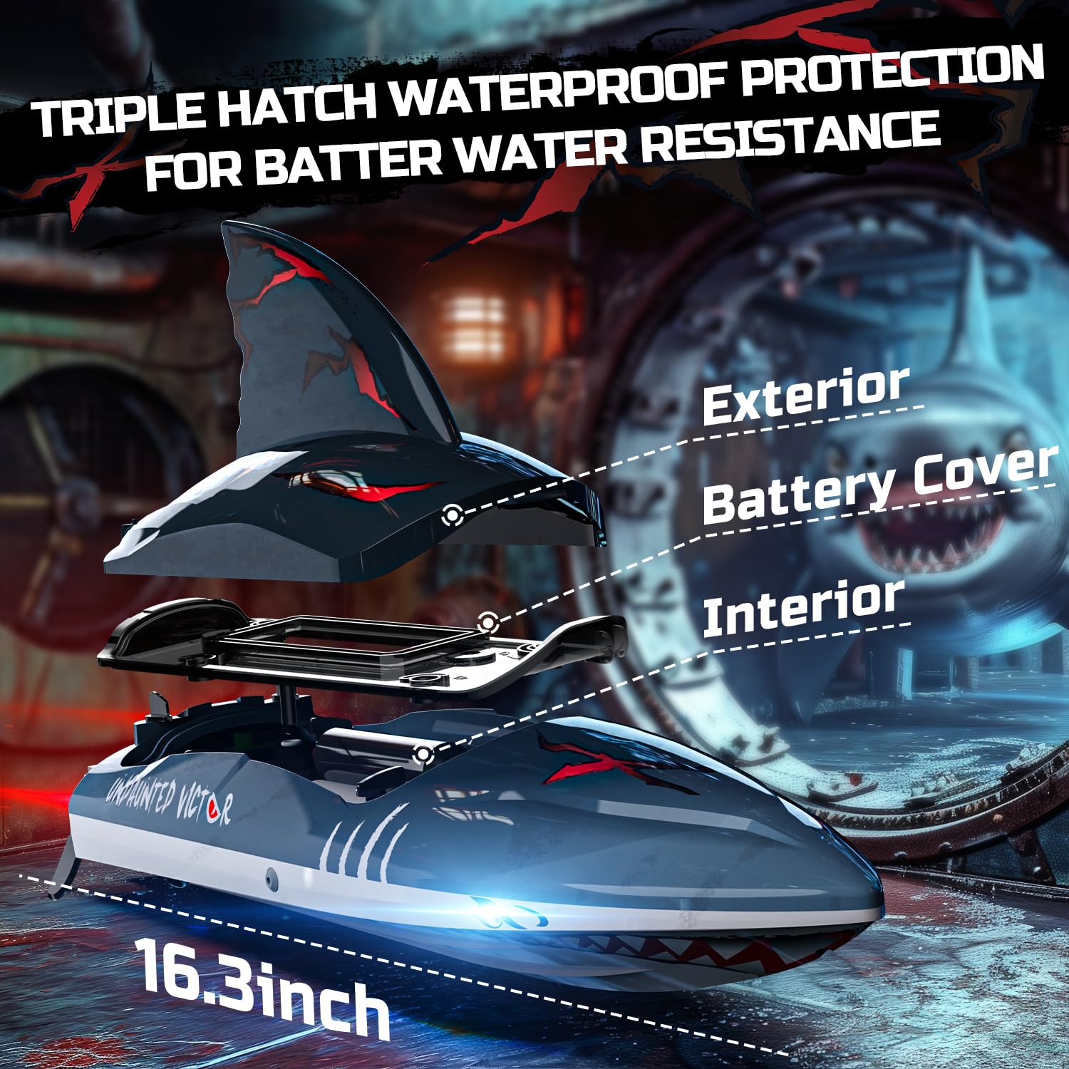 DEERC Fast Brushless RC Shark Boat for Adults, 30+MPH 3S High Speed Remote Control Speed Boat with LED Lights, Summer Toy Gift for Kids
