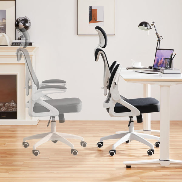 Yaheetech High Back Home Office Chair Ergonomic Swivel Desk Chair with Arms and Height Adjustable Back Support for Home Study or Manager Work White/Pink
