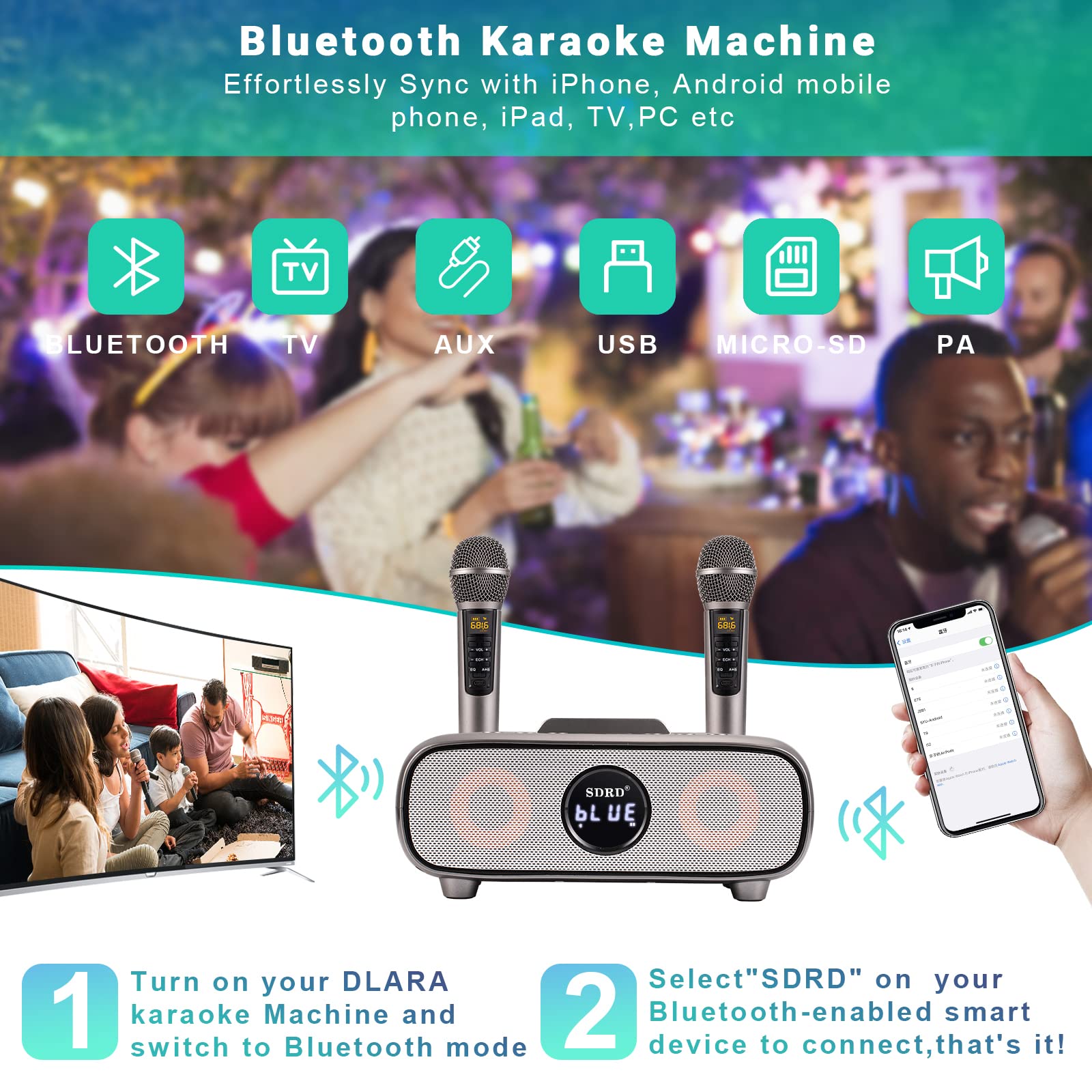 Upgrade Karaoke Machine for Adults and Kids,Portable Bluetooth 2 UHF Wireless Karaoke Microphone with Holder/USB/TF Card/AUX-in,PA Speaker System for Home Party, Picnic,Car,Outdoor/Indoor-Grey