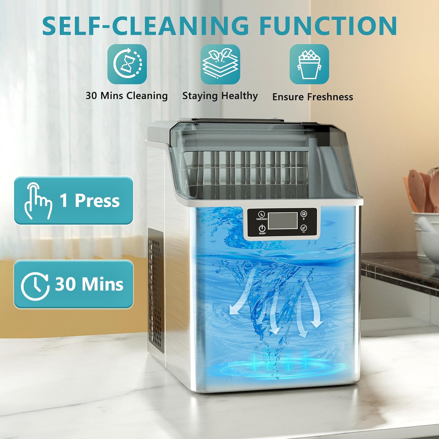 Ice Maker Machine Countertop Ice Cube Maker with Portable Handle, 9 Ice Cubes in 6 Mins, Self-Cleaning Compact Ice Maker 12 kg in 24 Hrs, with Ice Scoop and Basket for Home/Kitchen/Office/Bar