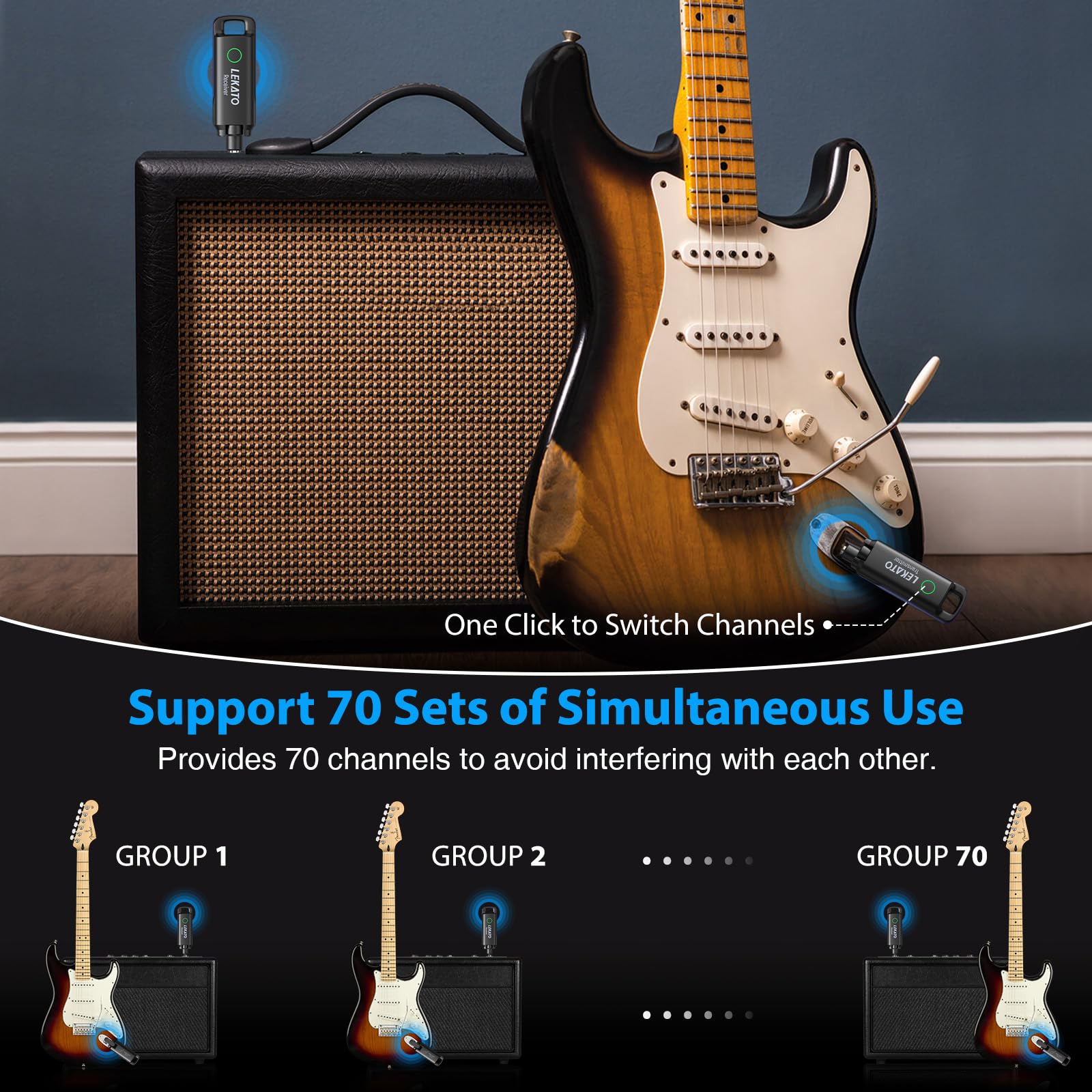 Wireless Guitar System,LEKATO Wireless Guitar Transmitter Receiver with 70 Channels,<3ms Low Latency Rechargeable Digital Audio Guitar Cable Cordless Bass Jack Lead for Electric Guitars,Bass,KeyBoard