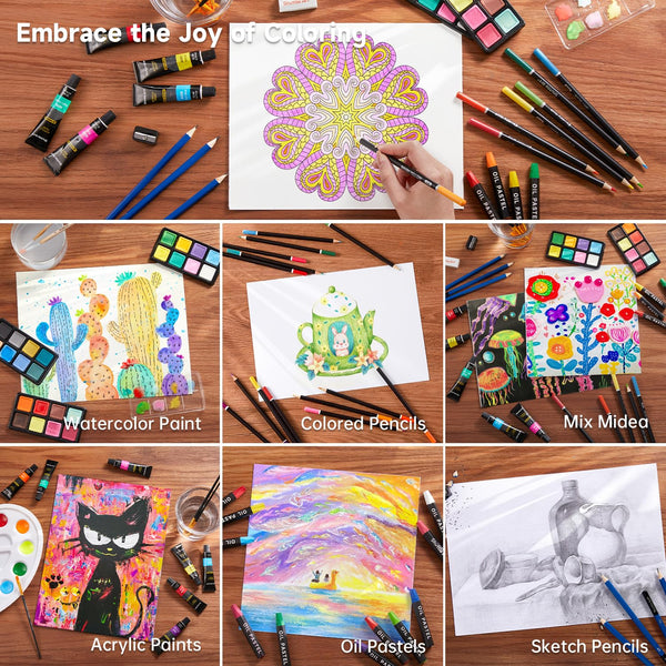 Shuttle Art 118 Piece Deluxe Art Set, Art Supplies in Wooden Case, Painting Drawing Art Kit with Acrylic Paint Pencils Oil Pastels Watercolour Cakes
