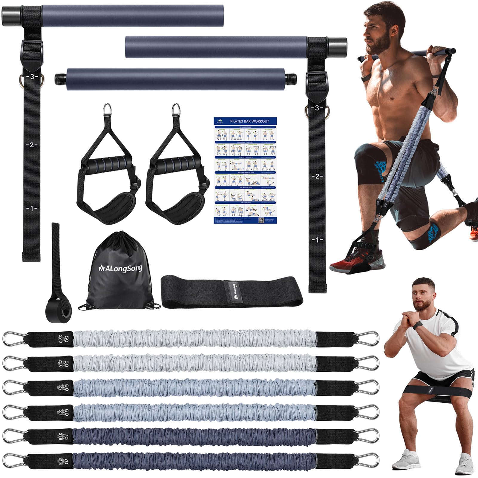 ALongSong Resistance Bands Set Men With Pilates Bar Set 6 Latex Exercise Bands 50-360Lbs/Handles Door/Anchor Pilates Equipment For Home Gym Workout