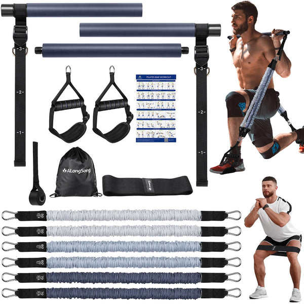 ALongSong Resistance Bands Set Men With Pilates Bar Set 6 Latex Exercise Bands 50-360Lbs/Handles Door/Anchor Pilates Equipment For Home Gym Workout