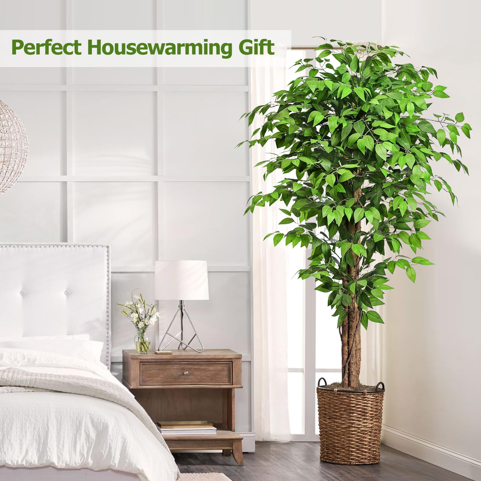 Keeplush 6ft Ficus Artificial Trees with Natural Curved Trunks, 180cm Tall Artificial Plants Tree for Indoor, Fake Ficus Tree Green Lifelike Home