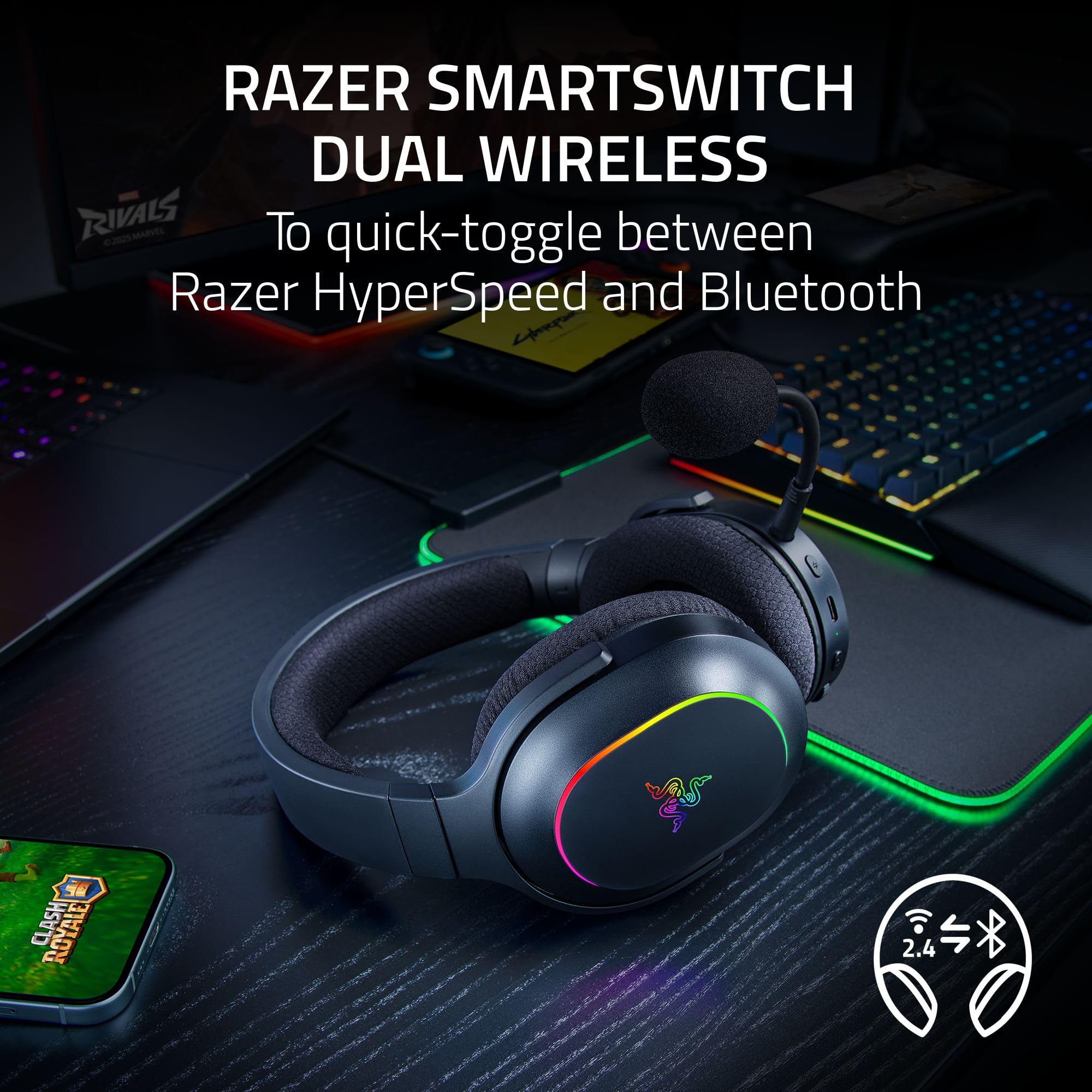 Razer Barracuda X - Wireless Multi-platform Gaming and Mobile Headset (SmartSwitch Dual Wireless, Ergonomic Design, TriForce 40 mm, Cardioid Mic, On-Headset Controls, 50h Battery USB-C) Black