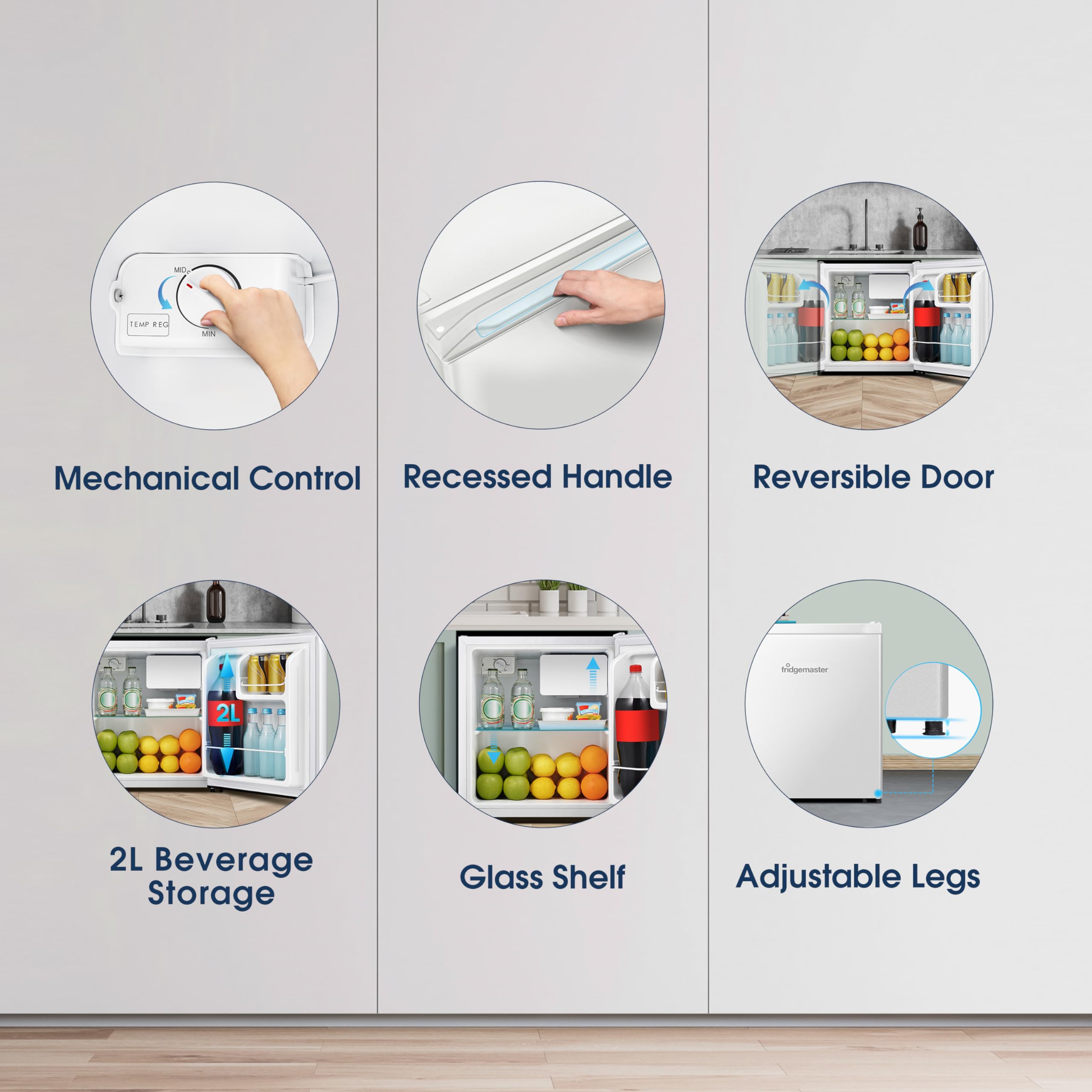 Fridgemaster MUR4545 Small Table Top 45cm Mini Fridge - 45 L - Mechanical Control with Adjustable Thermostat - Reversible Door - 39 dB Low noise - Broad Climate Design - White - E Rated