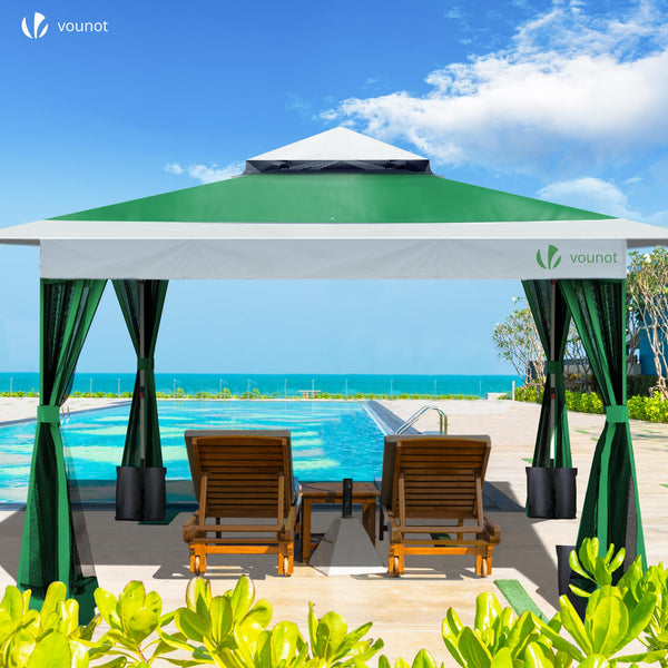 VOUNOT® 3.6m x 3.6m Pop Up Gazebo with Mesh Sides, Garden Double Roof Marquee Party Tent with Leg Weights & Roller Bag, Grey