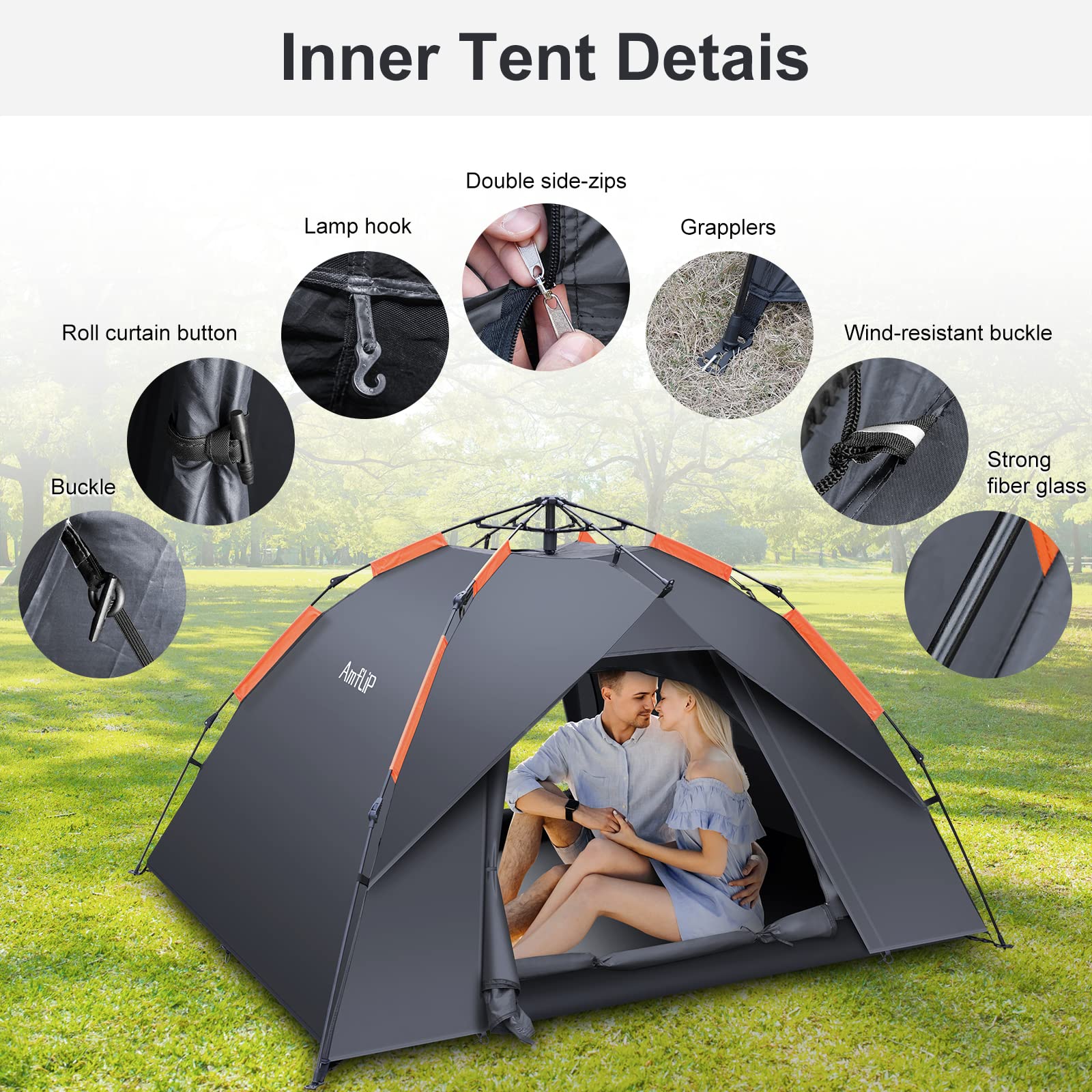 Amflip Camping Tent Automatic 3 Man Person Instant Tent Pop Up Ultralight Dome Tent 4 Seasons Waterproof & Windproof Camping Tent with Removable Outer Tarpaulin, Double Layers