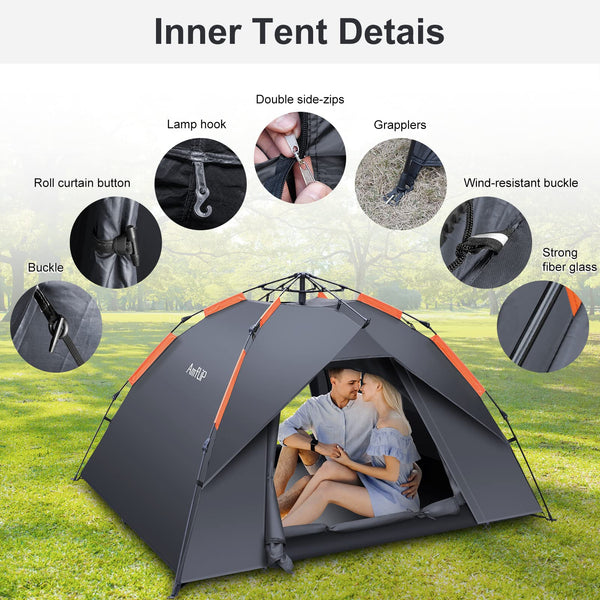 Amflip Camping Tent Automatic 3 Man Person Instant Tent Pop Up Ultralight Dome Tent 4 Seasons Waterproof & Windproof Camping Tent with Removable Outer Tarpaulin, Double Layers