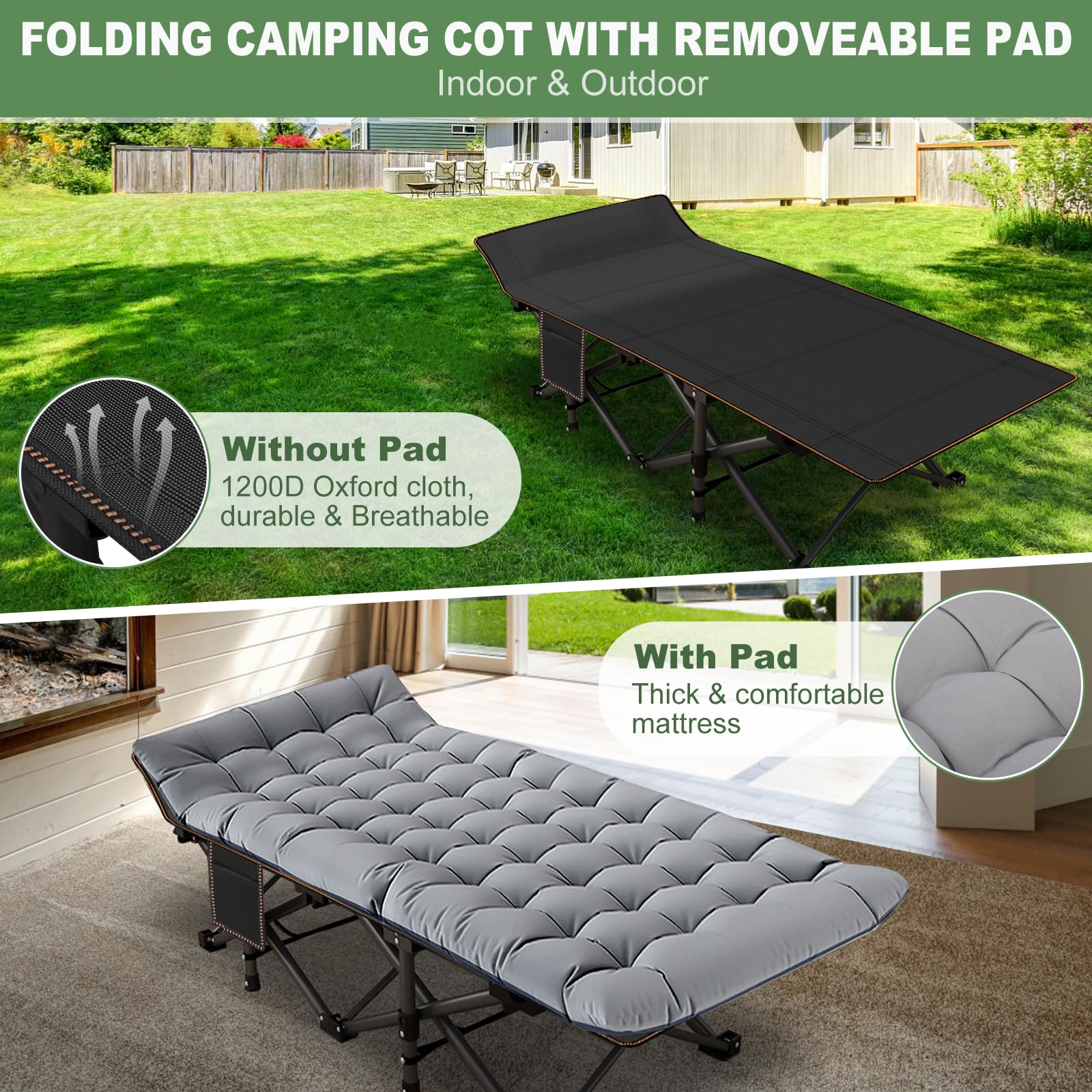 Meulbaty Oversized Folding Camp Bed with Mattress - 46cm Wide, 400KG Heavy Duty Steel Frame and Oxford Cloth, 198x81x46 cm Camping Cot, Great for Adults, Garden and Trip (XXL Black)