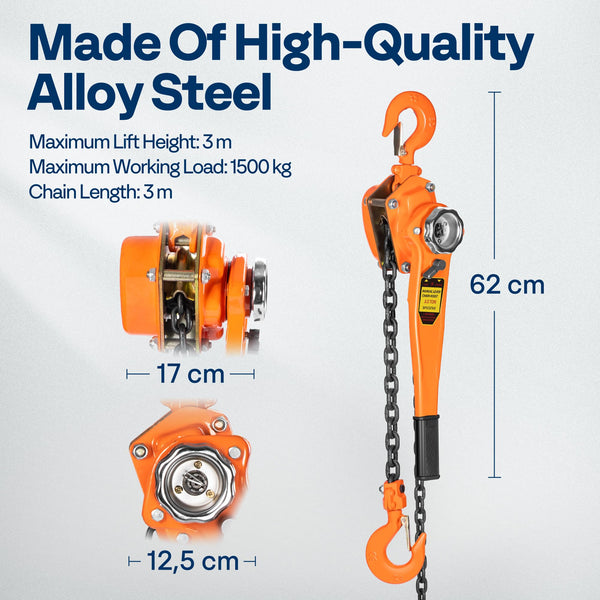 SPECSTAR Hand Chain Hoist 1250kg Capacity 3m with 2 Heavy Duty Hooks Manual Chain Fall for Warehouse Building Automotive Machinery
