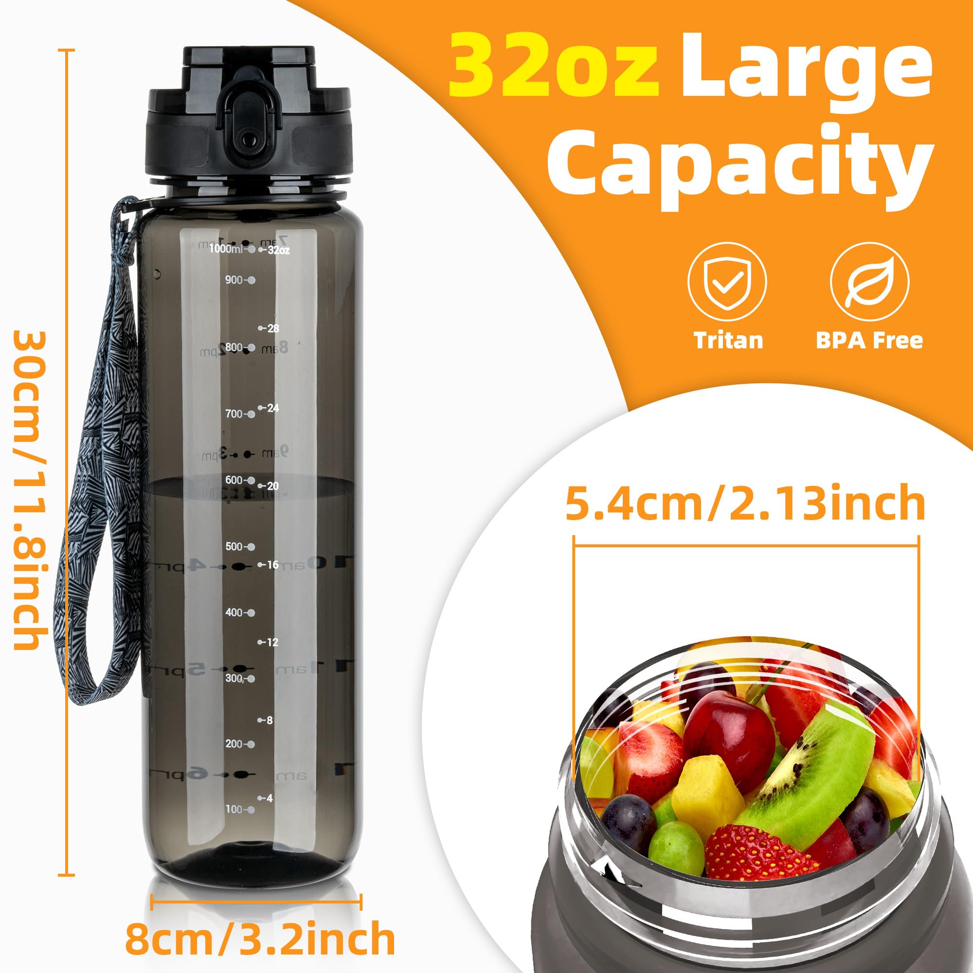 OLDLEY 1L/32oz Sports Water Bottle, 1000ml Motivational Drinks Bottle with Time Markings Leak Proof Drink & Lock Cover & No Straw, BPA Free for Adults Women Men Gym School Cycling Running Hiking