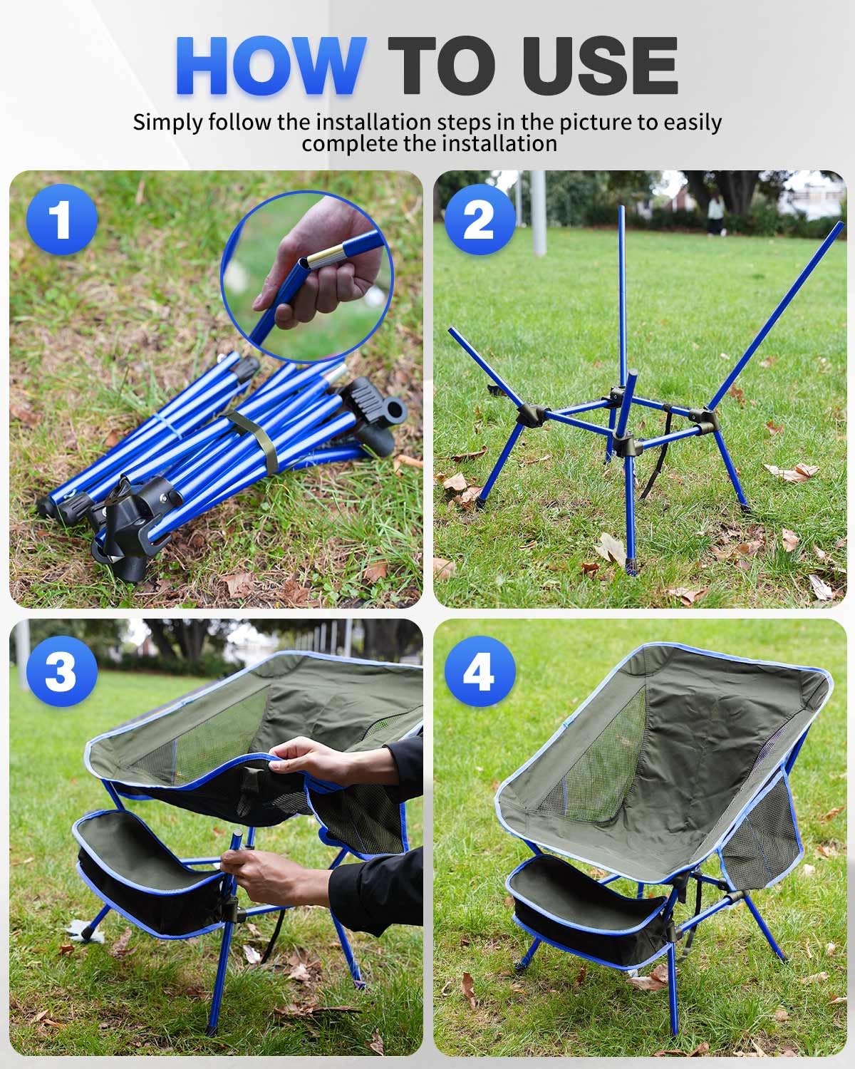 Evolpor Lightweight Folding Camping Chair with Storage Pocket & Carry Bag, High Weight Capacity, Portable for Camping, Hiking, Fishing – Great Gift for Dad, Blue