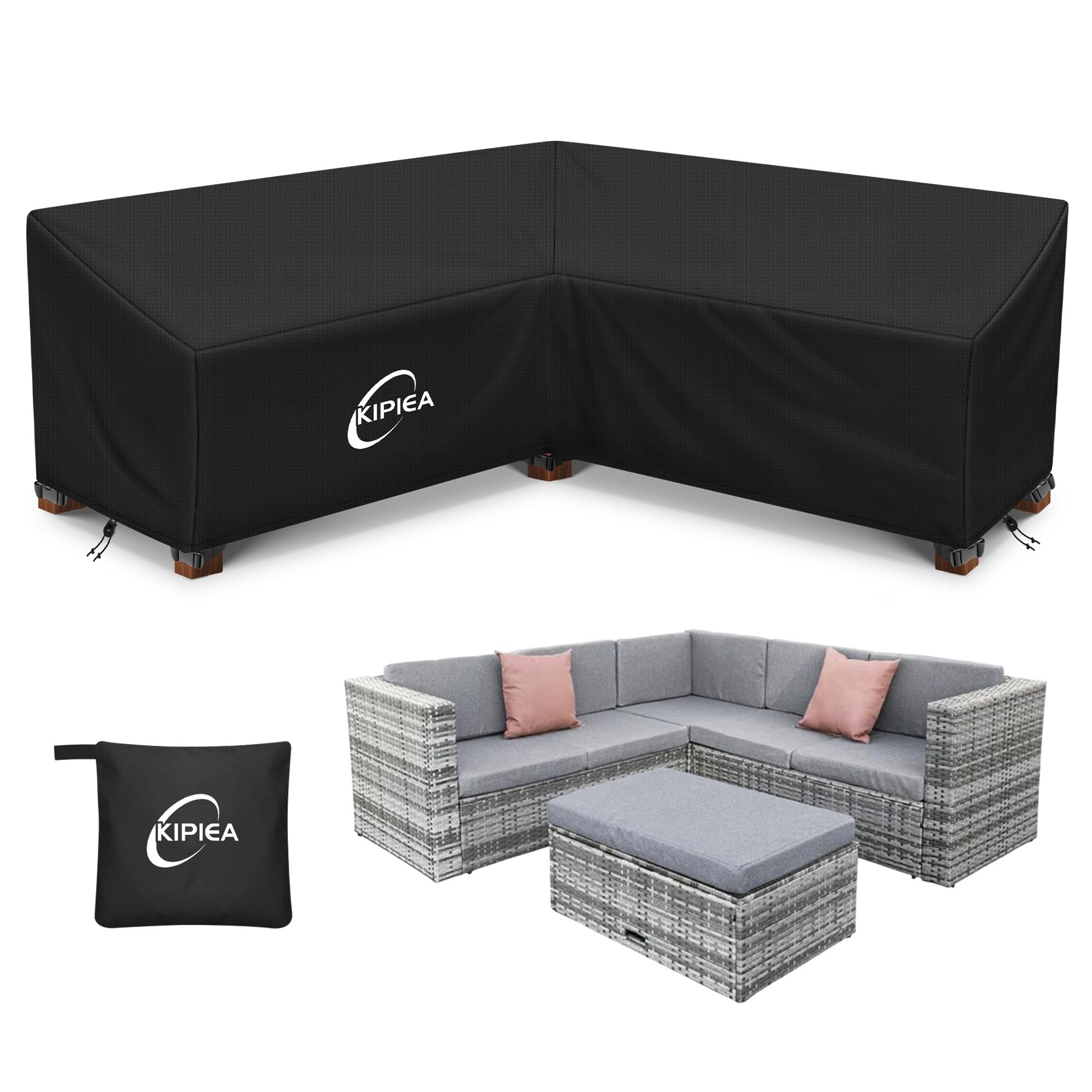 Kipiea V Shaped Garden Furniture Covers Waterproof, 420D Heavy Duty Oxford Fabric Outdoor Rattan Corner Sofa Covers with Windproof, Garden Sofa Cover,