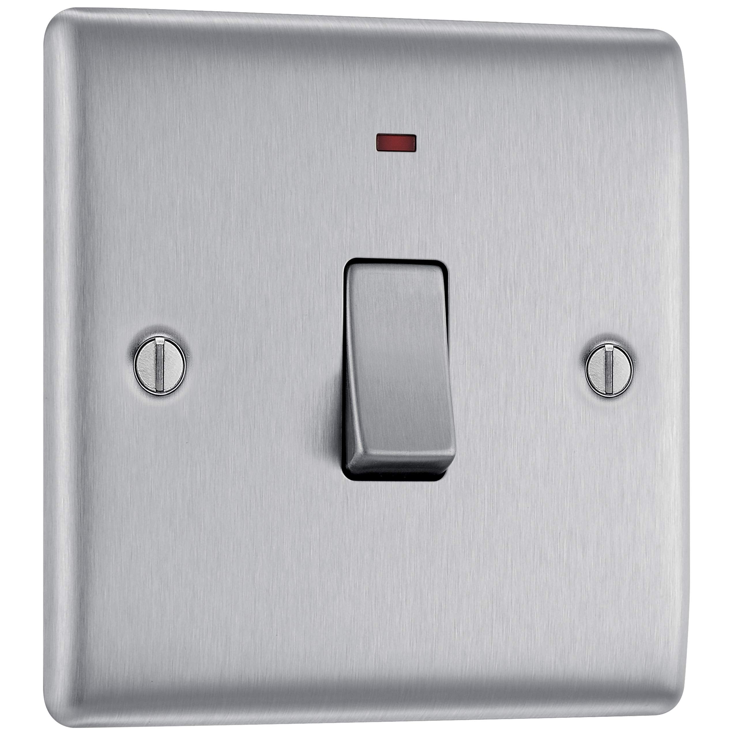 BG Electrical Cooker Switch with Socket and LED, Cooker Control Unit, Control Socket, Double Pole, Raised Profile, Round Edges, Nexus Metal, Brushed Steel, Grey Inserts, 45A, NBS70G