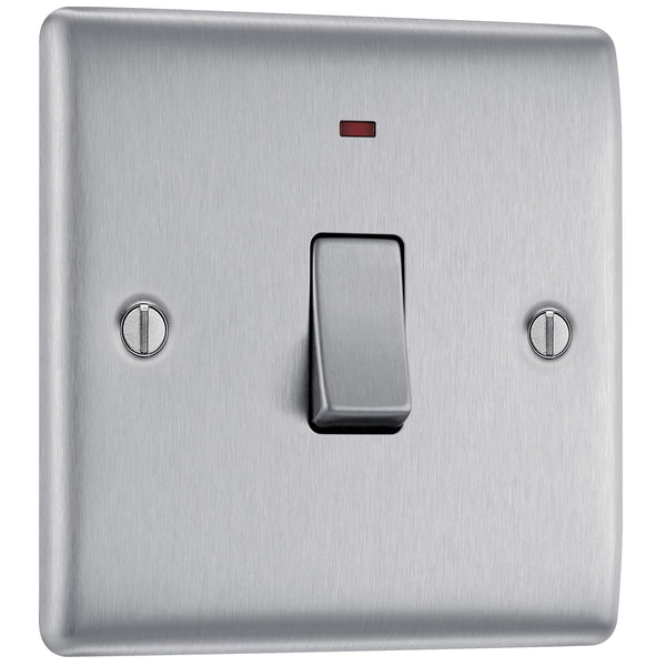 BG Electrical Cooker Switch with Socket and LED, Cooker Control Unit, Control Socket, Double Pole, Raised Profile, Round Edges, Nexus Metal, Brushed Steel, Grey Inserts, 45A, NBS70G