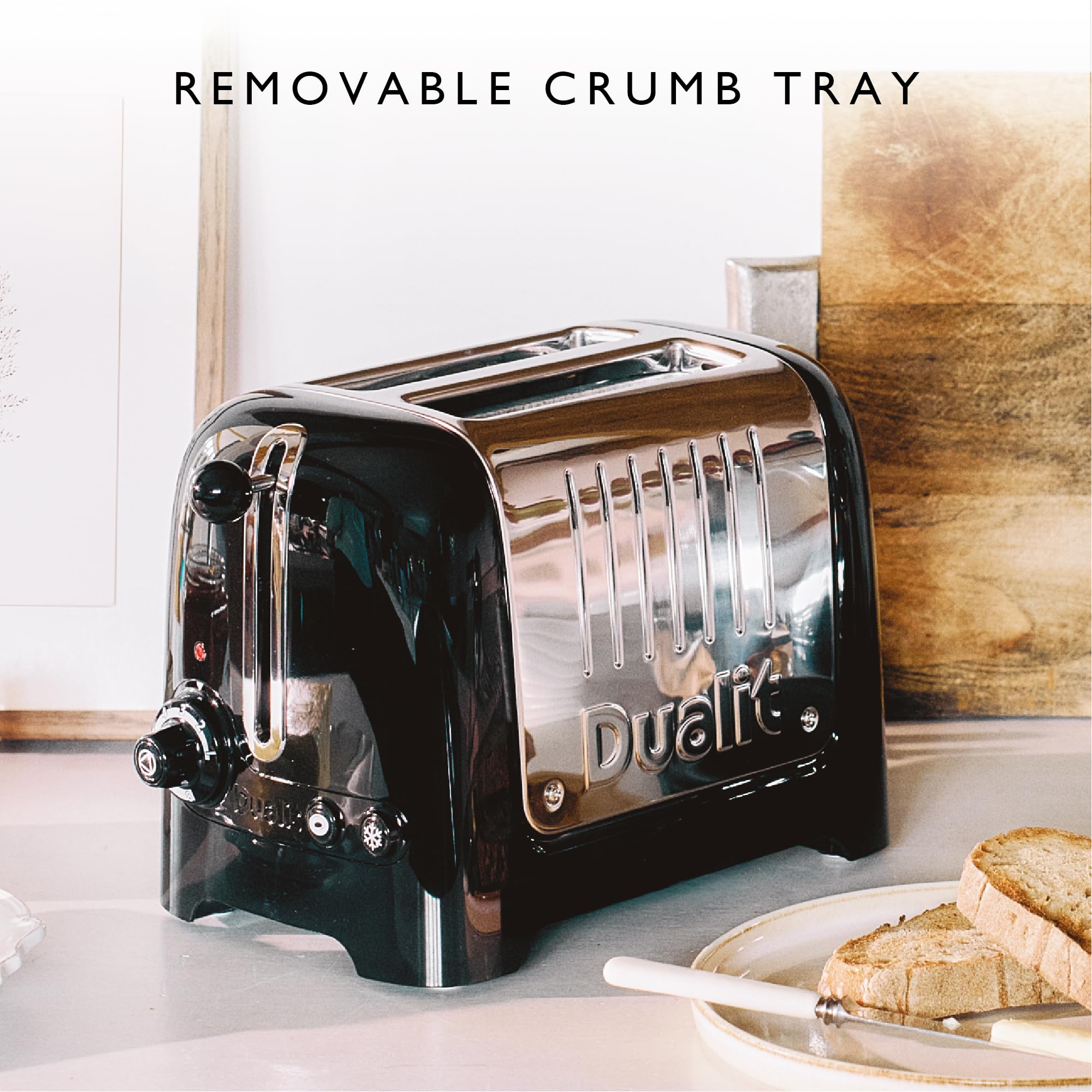 Dualit 2 Slice Lite Toaster | 1.1kW Toasts 60 Slices an Hour | Polished with High Gloss Black Trim | Bagel & Defrost Settings | 36 mm Wide Slots |