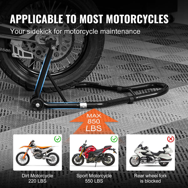 VEVOR Motorcycle Rear Wheel Stand, with U + L Fork Swingarm Spool, 390 kg Capacity Heavy Duty Rear Wheel Stand Motorcycle Lift Jack Stand, for Suzuki Yamaha Honda Kawasaki, Black