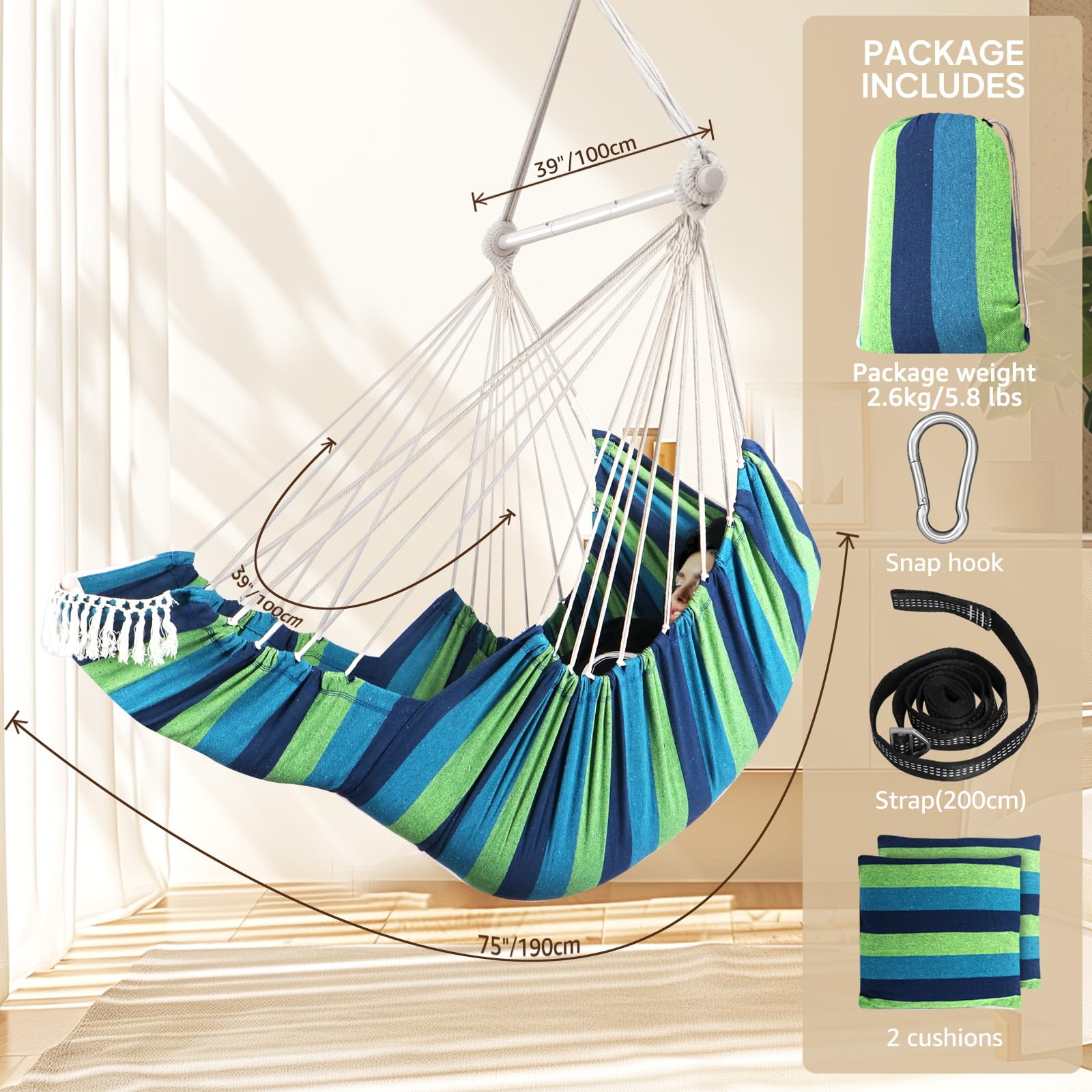 Chihee Hammock Chair Hanging Chair with Foot Rest 2 Cushions Max 550lbs Robust Metal Spreader Bar Collapsible Easy Storage Soft Cotton Swing Chair