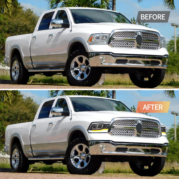 VLAND Motor LED Headlights compatible with RAM 1500 2500 3500 2009-2018 & RAM 1500 Classic 2019-2021, w/Startup dynamic display & Blue to white changing, Passenger & Driver Sides - Clear reflector