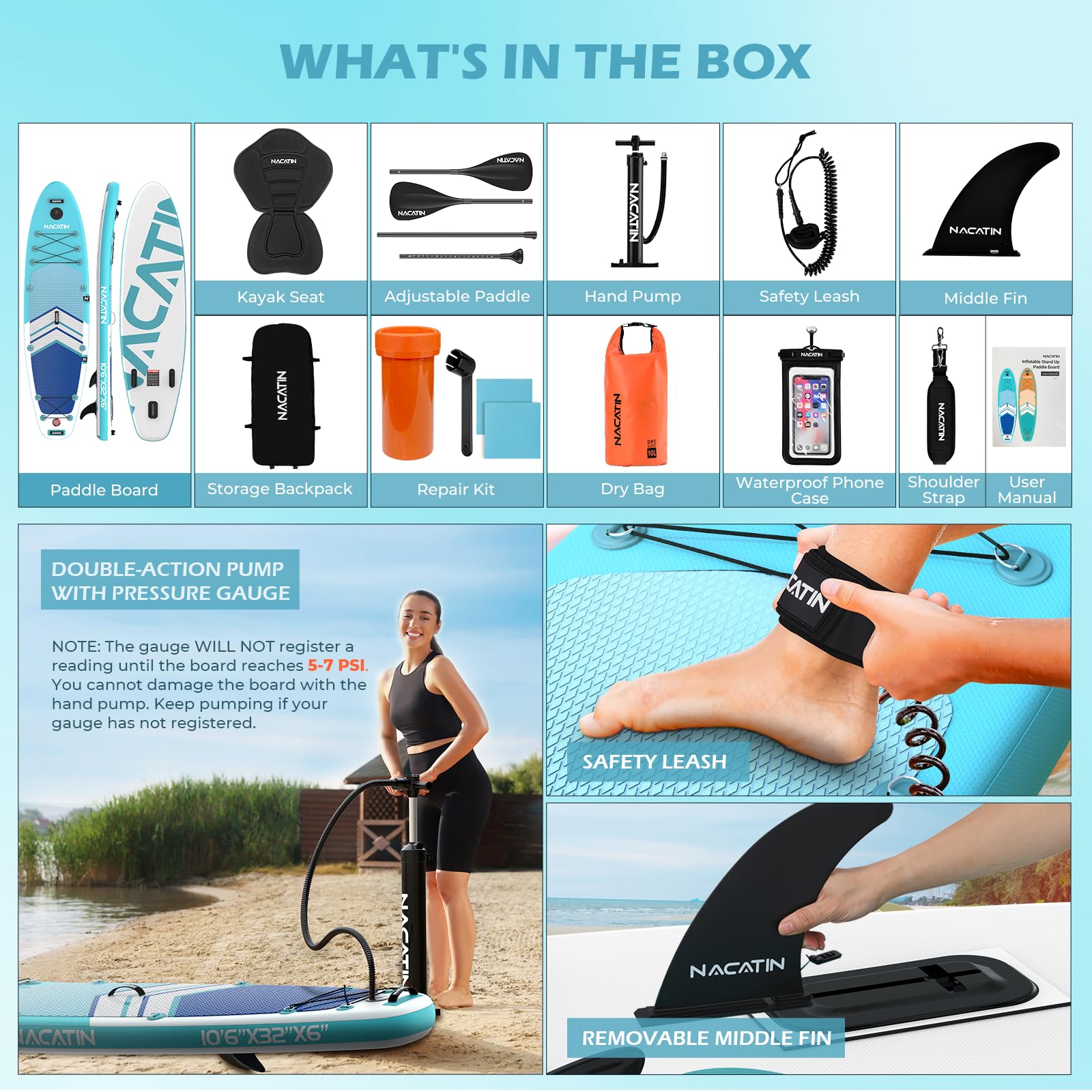 Paddle Boards for Adults, NACATIN Inflatable Stand Up Paddle Board with 10'6" SUP Paddleboard, Adjustable Paddle, Pump, Backpack, Dry Bag, Ideal for All Skill Levels (Optional Kayak Seat Available)