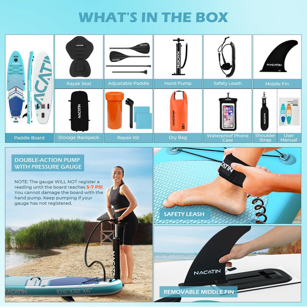 Paddle Boards for Adults, NACATIN Inflatable Stand Up Paddle Board with 10'6" SUP Paddleboard, Adjustable Paddle, Pump, Backpack, Dry Bag, Ideal for All Skill Levels (Optional Kayak Seat Available)