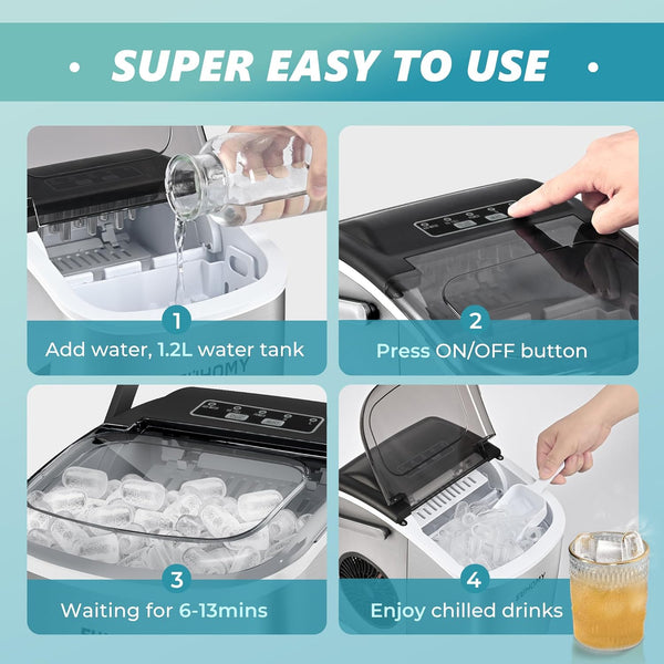 Ice Maker Machine Countertop Ice Cube Maker with Portable Handle, 9 Ice Cubes in 6 Mins, Self-Cleaning Compact Ice Maker 12 kg in 24 Hrs, with Ice Scoop and Basket for Home/Kitchen/Office/Bar