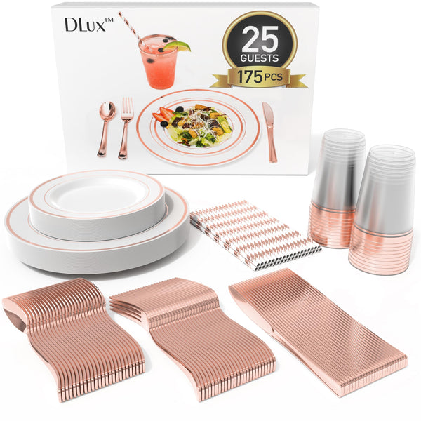 DLux 175 Pieces Rose Gold Plastic Dinnerware Set for 25 Guests, (25 Forks, Knives, Spoons, Cups, Straws, Salad & Dinner Plates) for Wedding and Party,