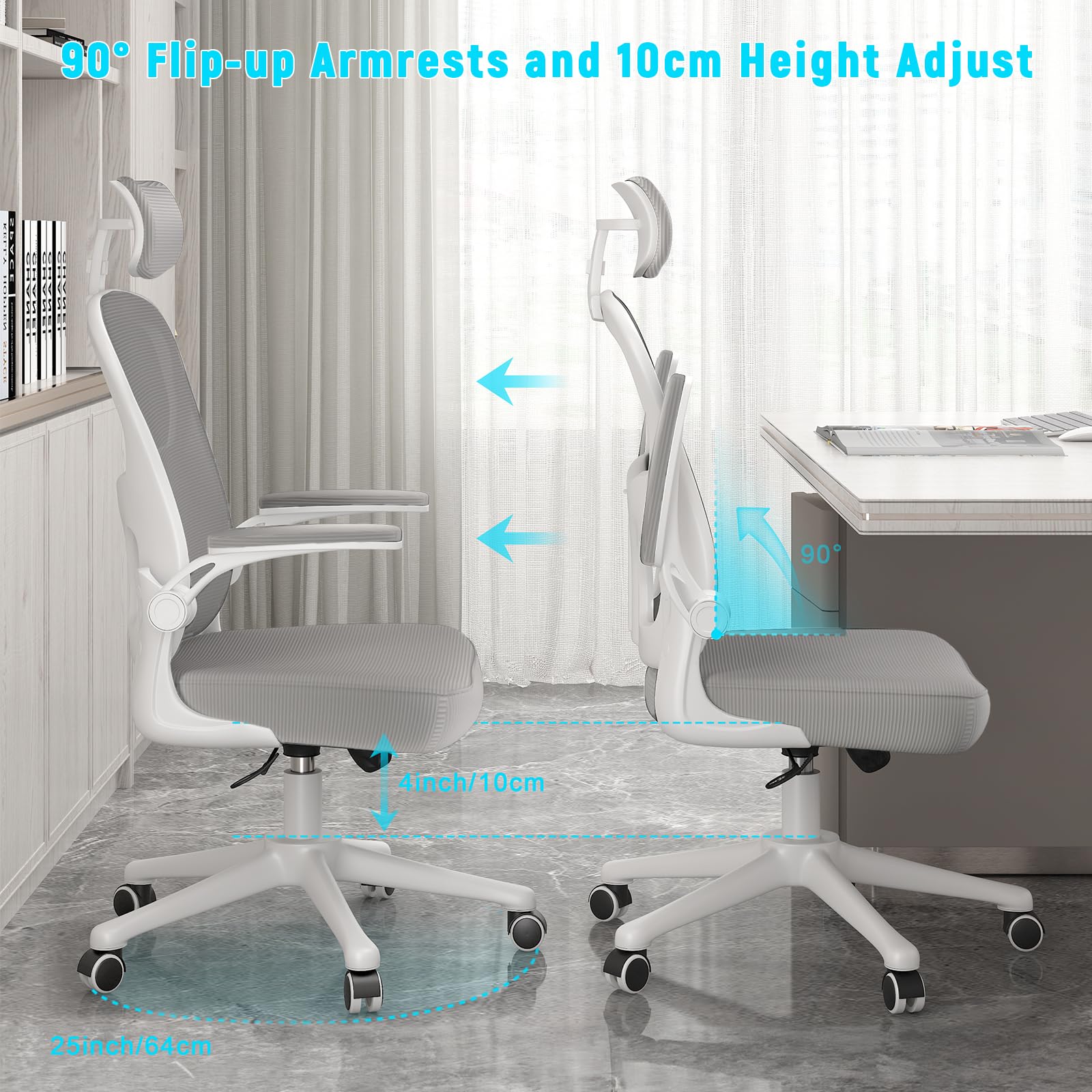 naspaluro Office Chair Ergonomic Desk with 90° Flip-up Armrest Lumbar Support, Height Adjustable Chair, Executive Swivel Computer Padded Seat Cushion for Home/Office