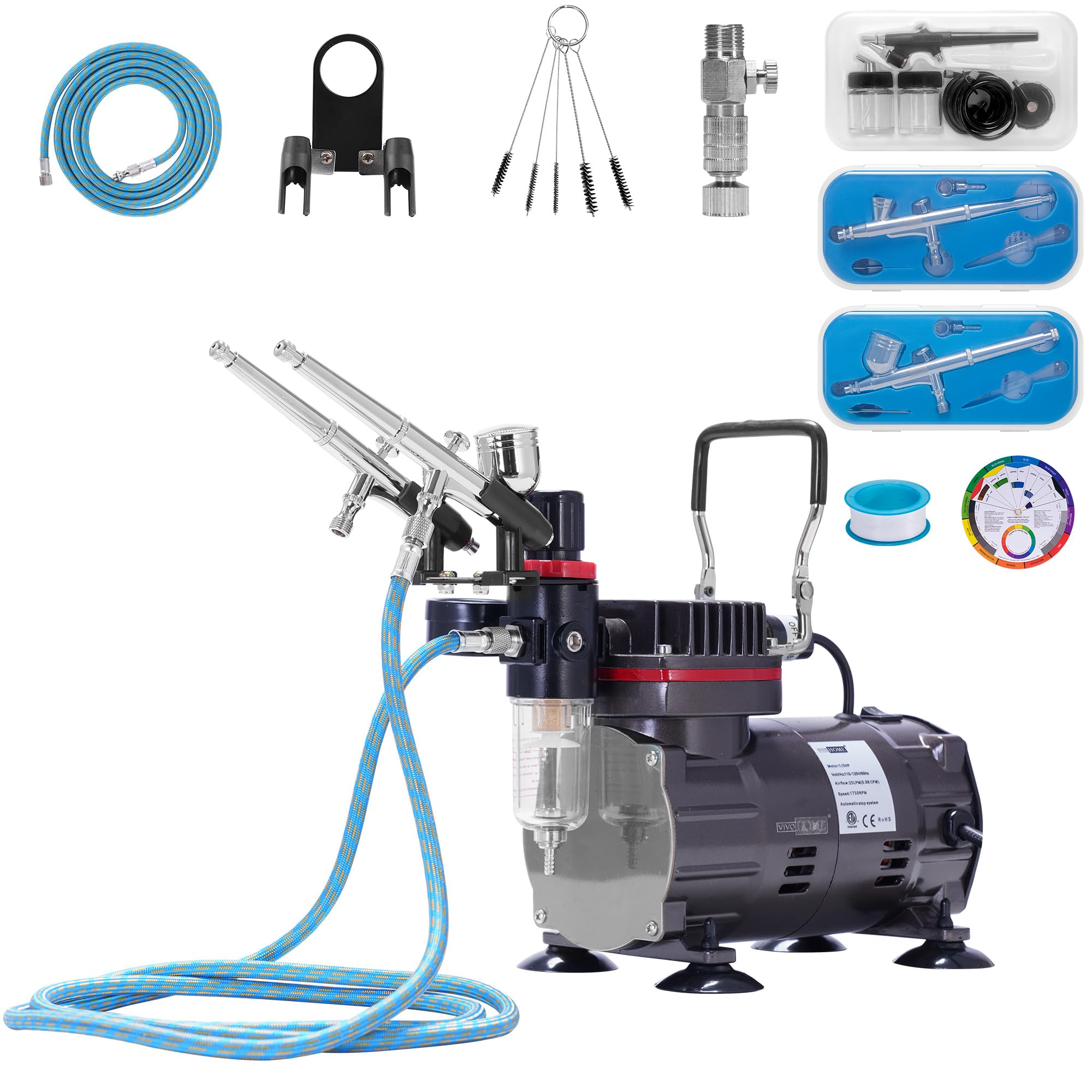 VIVOHOME Professional Airbrushing Paint System with 1/5 HP Air Compressor and 3 Paint Sprayers for Tattoo Makeup Shoes Cake Decoration Blue