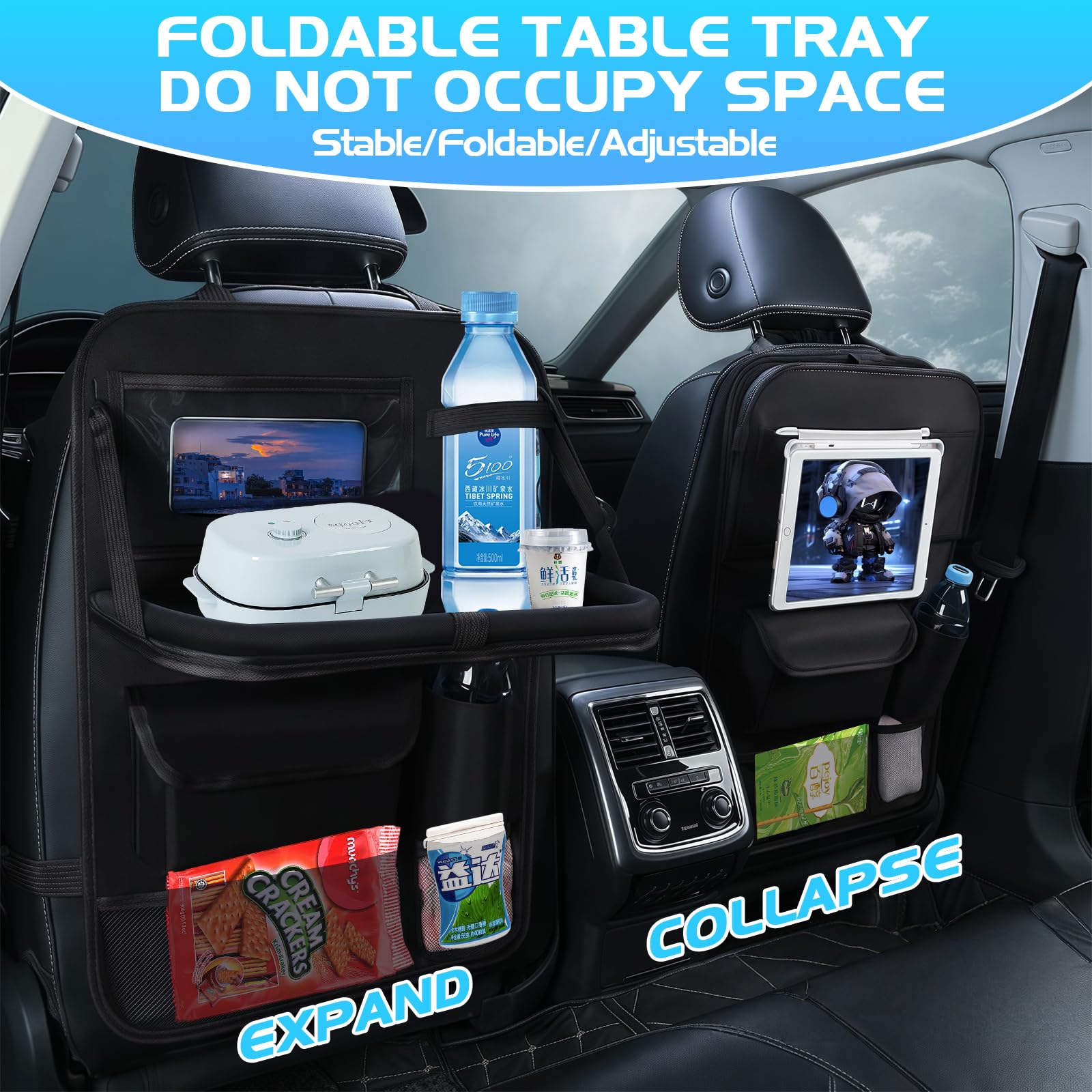 Resszo Car Organiser,Car Seat Organiser for Kids with Tablet Holder, Multifunctional WaterProof Back Seat Protector with 10.5 iPad Foldable Tray Table, 6 Pockets Toy Storage