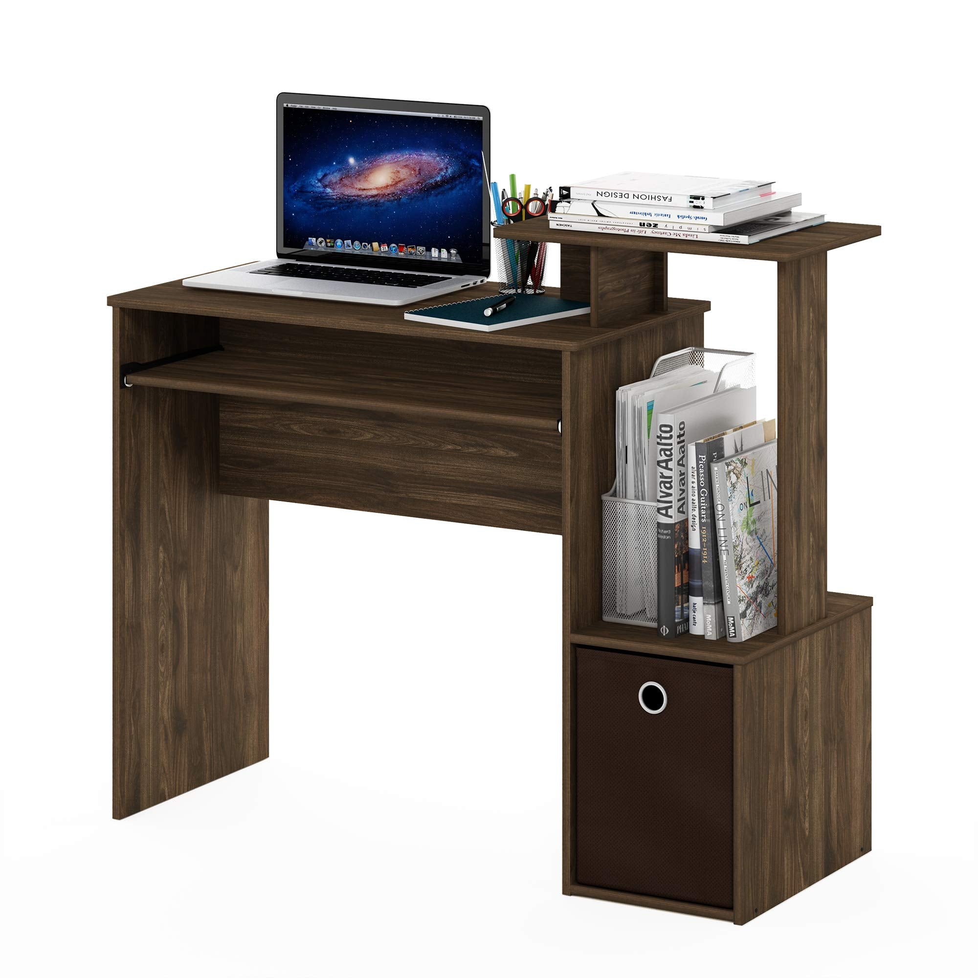 Furinno Econ Multipurpose Home Office Computer Writing Desk, Computer Desk, Study Desk, w/Bin, Columbia Walnut/Dark Brown, 100.1 (W) x 86.6 (H) x 39.9