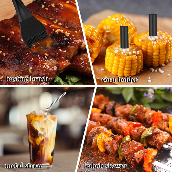 ROMANTICIST 26pcs Extra Thick Stainless Steel Grill Tool Set for Men, Heavy Duty Grilling Accessory Kit for Backyard, BBQ Utensils Gift Set with Meat Thermometer in Aluminum Case for Birthday Brown