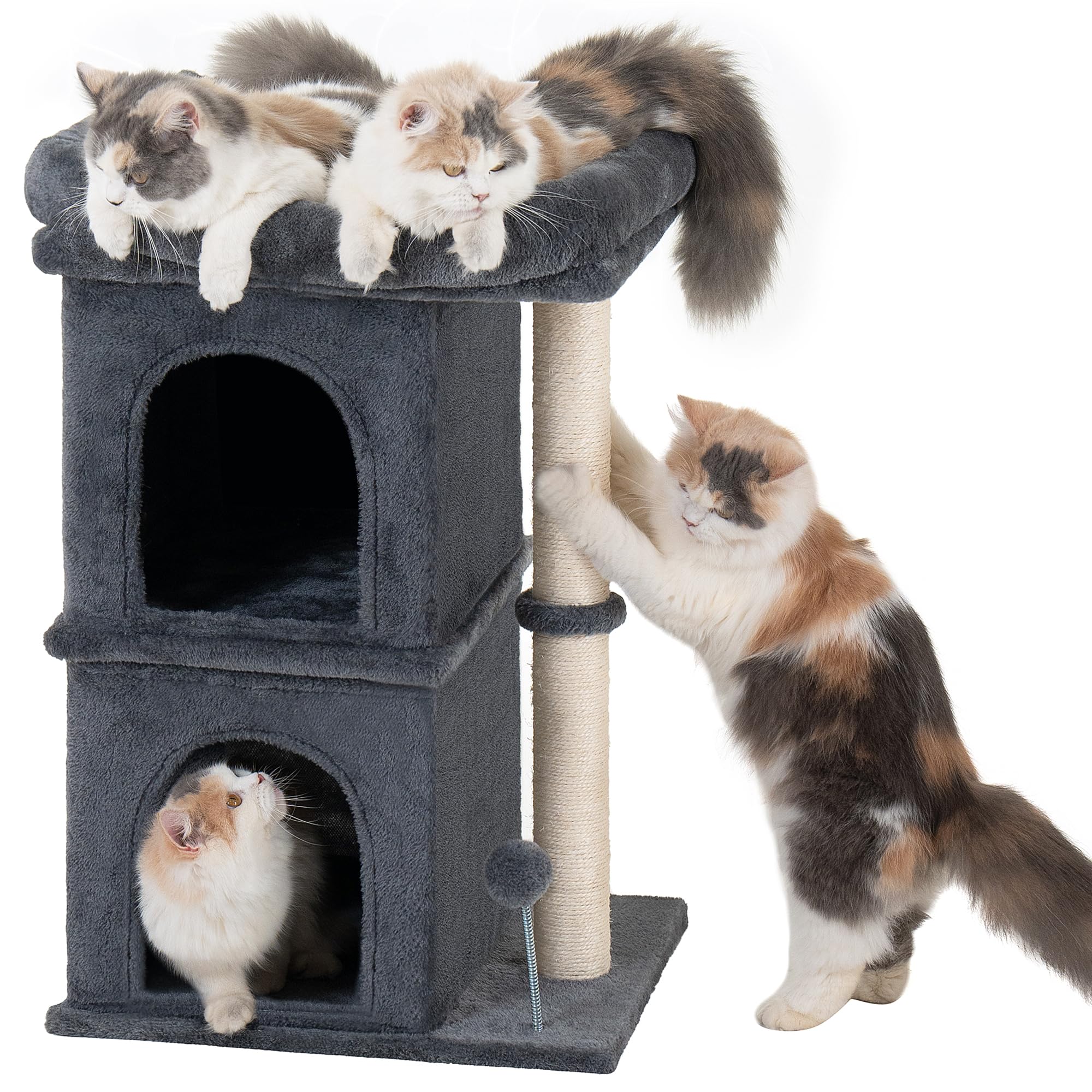 Aechonow 61cm Cat Tree Tower For Large Adult Cats, 48 * 40cm Big Window Perch Bed, 2 Cat Condos House for Indoor Kittens, Natural Sisal Scratching