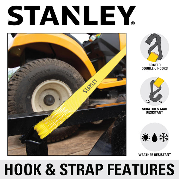 STANLEY S1007 Black/Yellow 1.5" x 16' Ratchet Tie Down Straps - 1,100 lb Safe Working Load / 3,300 lb Break Strength, 2 Pack