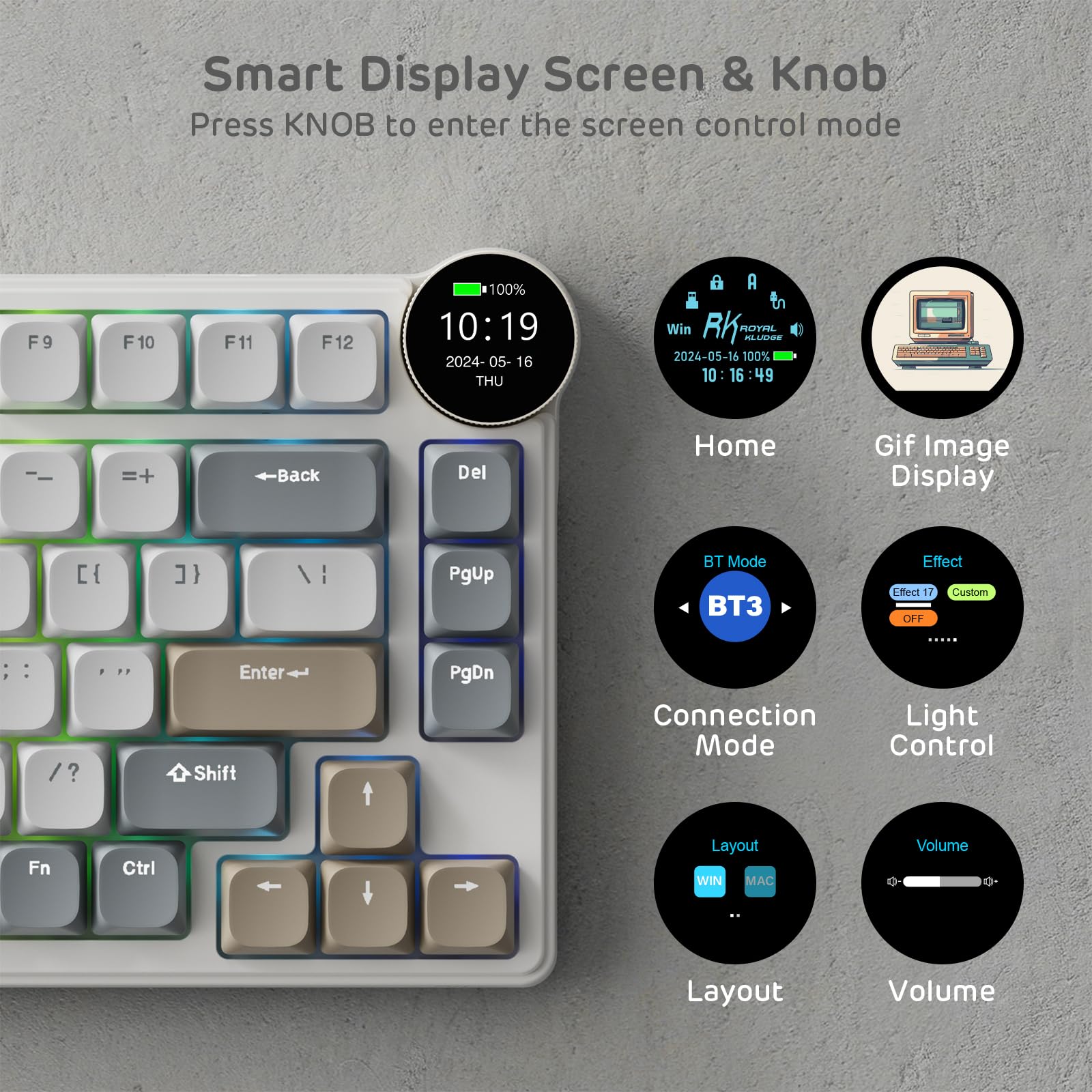 RK ROYAL KLUDGE N80 Low-Profile Mechanical Keyboard w/Smart Display Screen & Knob, Top Mount 75% Wireless Keyboard BT/2.4G/USB-C, Software Support, Massive Battery,80 Keys, Soft Tactile Brown Switches