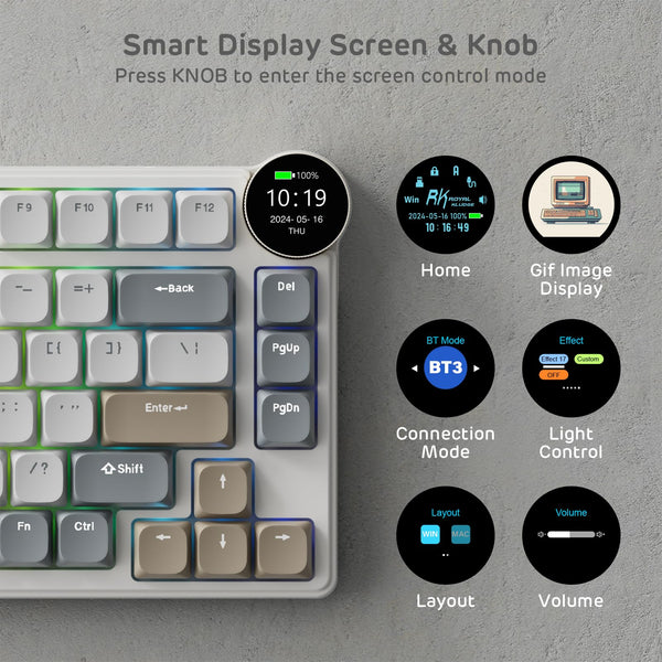 RK ROYAL KLUDGE N80 Low-Profile Mechanical Keyboard w/Smart Display Screen & Knob, Top Mount 75% Wireless Keyboard BT/2.4G/USB-C, Software Support, Massive Battery,80 Keys, Soft Tactile Brown Switches