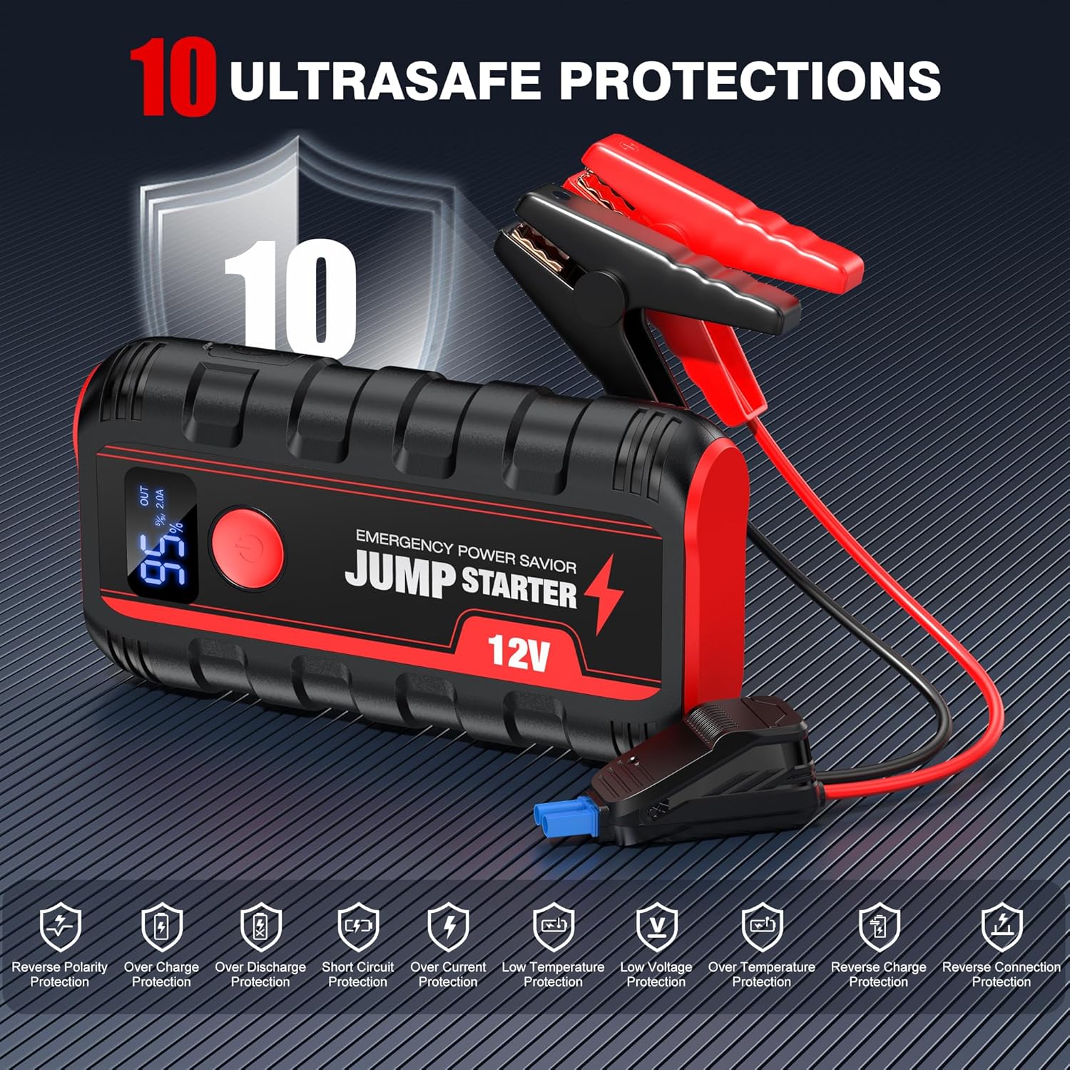 Ginarelo Jump Starter Power Pack Booster - Portable 12V Car Battery Jumpstart Bank Motorcycle Jumper Start with Leads LCD Screen LED 13200Mah Engine Up To 6.0L Gas or 5.5L Diesel