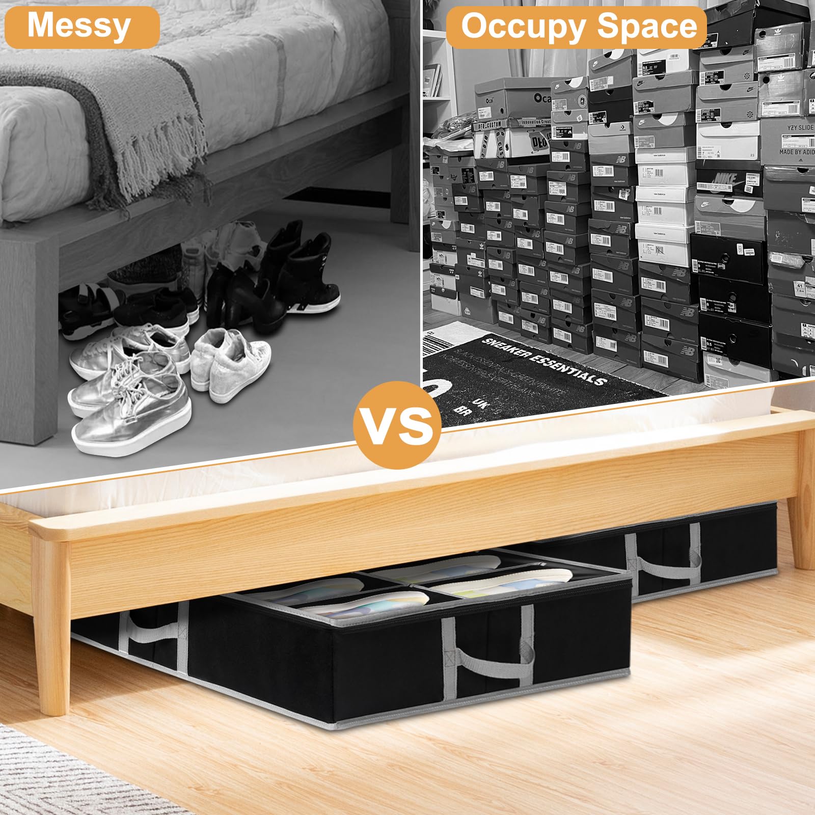 2 Pack Under Bed Shoe Storage Organiser, Fits 24 Pairs, Adjustable Velcro Underbed Shoe Box W/ Bottom & Side Support and Reinforced Handles, Foldable