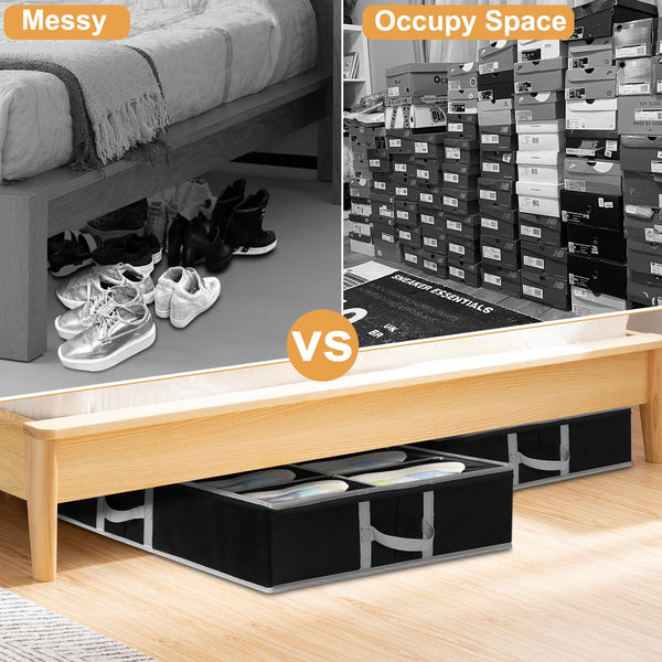2 Pack Under Bed Shoe Storage Organiser, Fits 24 Pairs, Adjustable Velcro Underbed Shoe Box W/ Bottom & Side Support and Reinforced Handles, Foldable