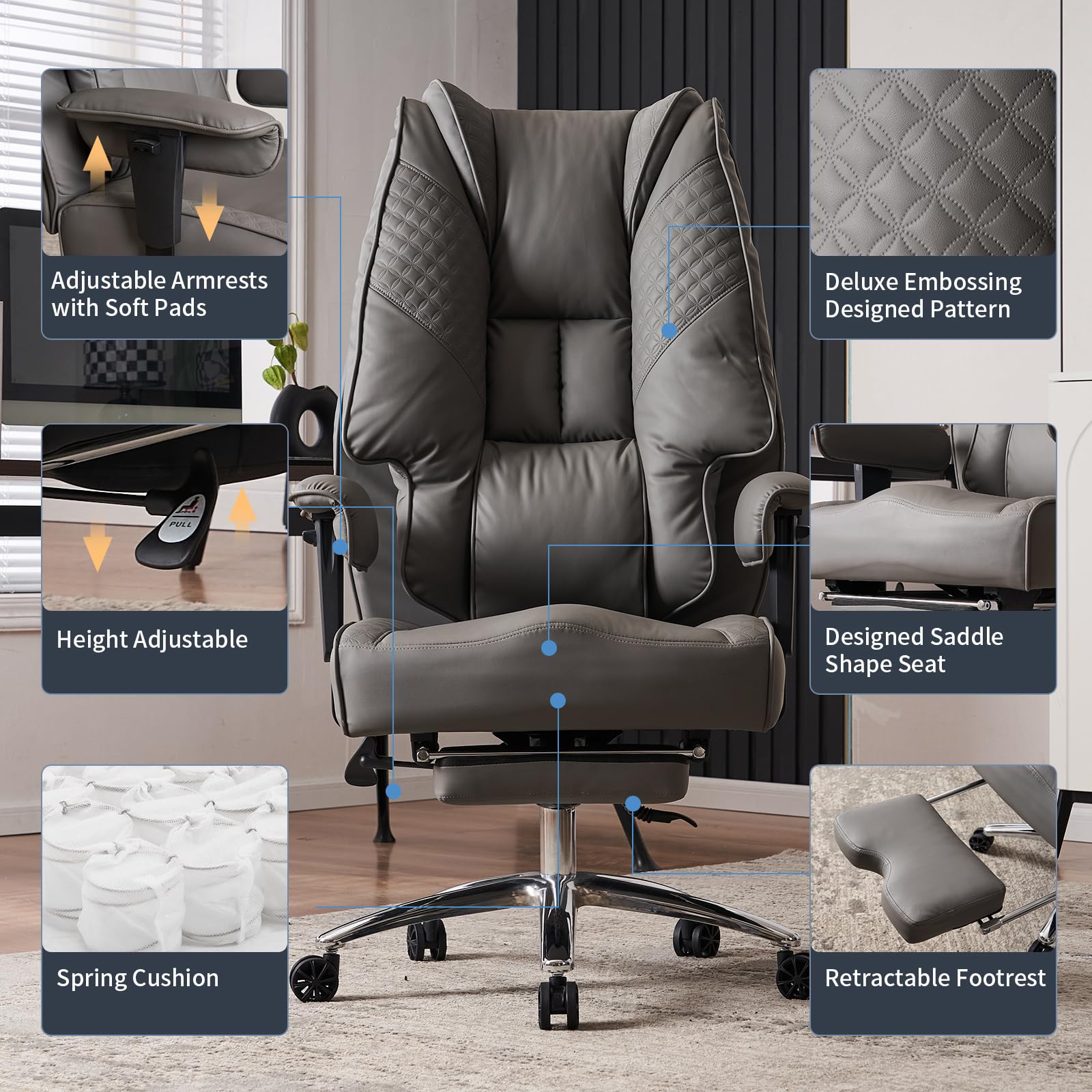 EXCEBET Ergonomic Office Chair – High Back PU Leather Executive Desk Chair with Adjustable Armrests, Swivel Computer Chair for Home/Office, Heavy Duty Support up to 400 lbs