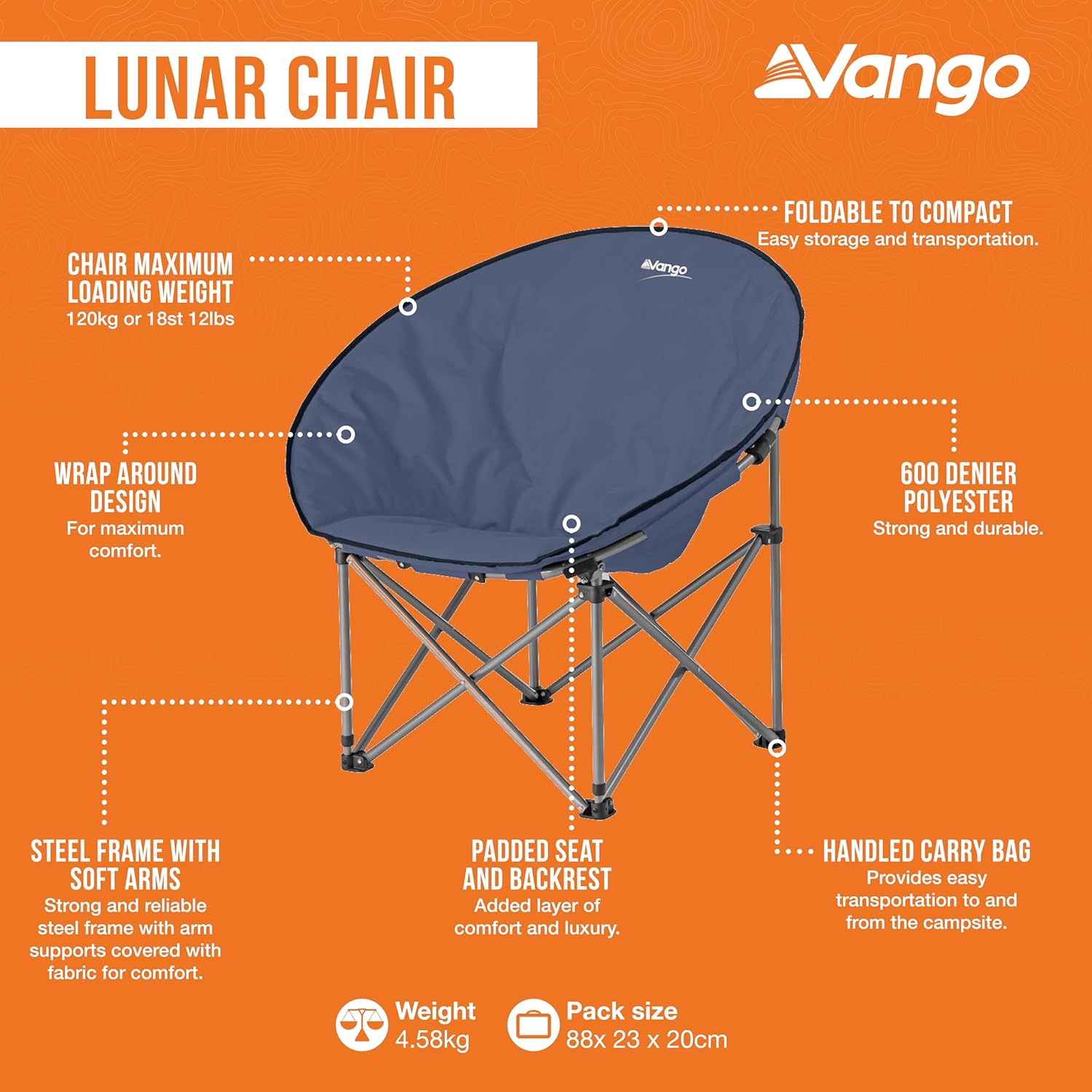 Vango Lunar Moon Chair for Adults (Amazon Exclusive), Extra Spacious, Folding Camping Chair, Heavy Duty Frame, Padded Saucer Shape for Garden, Fishing, Festivals