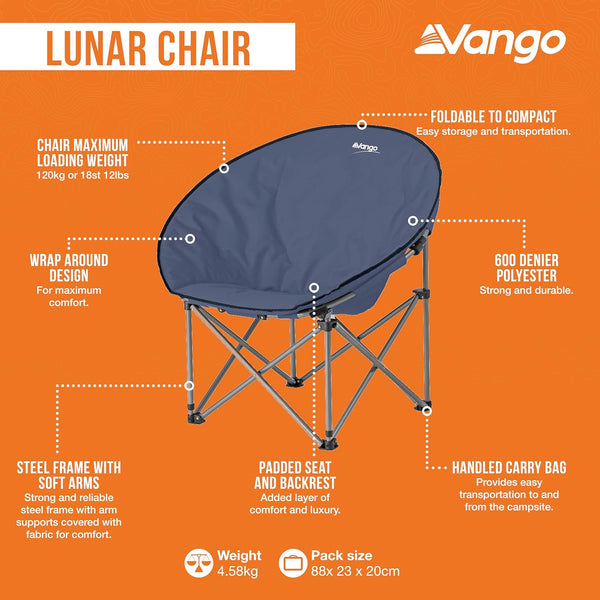 Vango Lunar Moon Chair for Adults (Amazon Exclusive), Extra Spacious, Folding Camping Chair, Heavy Duty Frame, Padded Saucer Shape for Garden, Fishing, Festivals